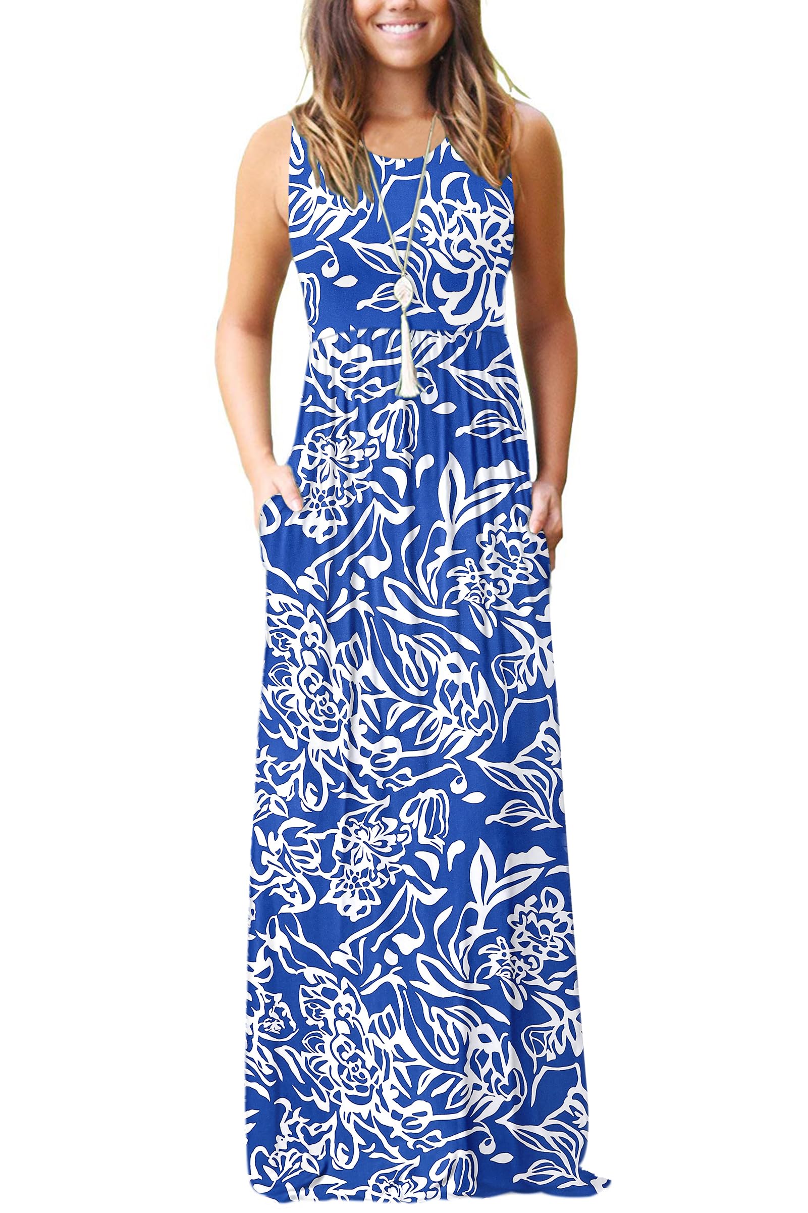 AUSELILY Women's Summer Sleeveless Loose Plain Casual Long Maxi Dresses | Year Round wear solid floral print, Casual daily wear, Empire waist, Floor length, Side pockets New
