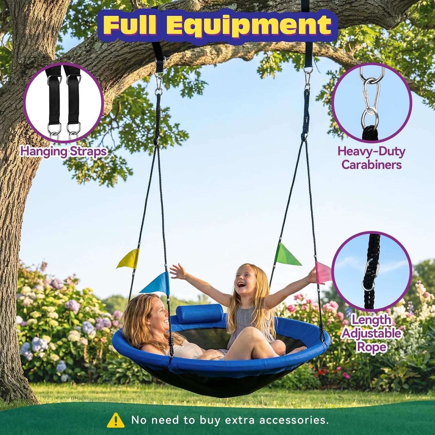 HeyZoo Tree Swing, 48 inch Saucer Swing, with Tree Hanging Straps, 900lbs Weight Capacity, for Outdoor Backyard and Playground, Gifts for Kids, Blue
