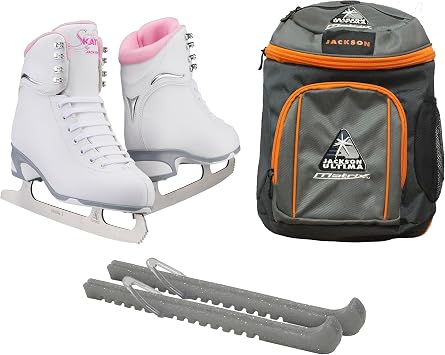 Jackson Ultima Finesse JS181 / JS184 Figure Girls Ice Skates Bundle with Guardog Skate Guards, Jackson Skate Backpack - Improved, JUST LAUNCHED 2022
