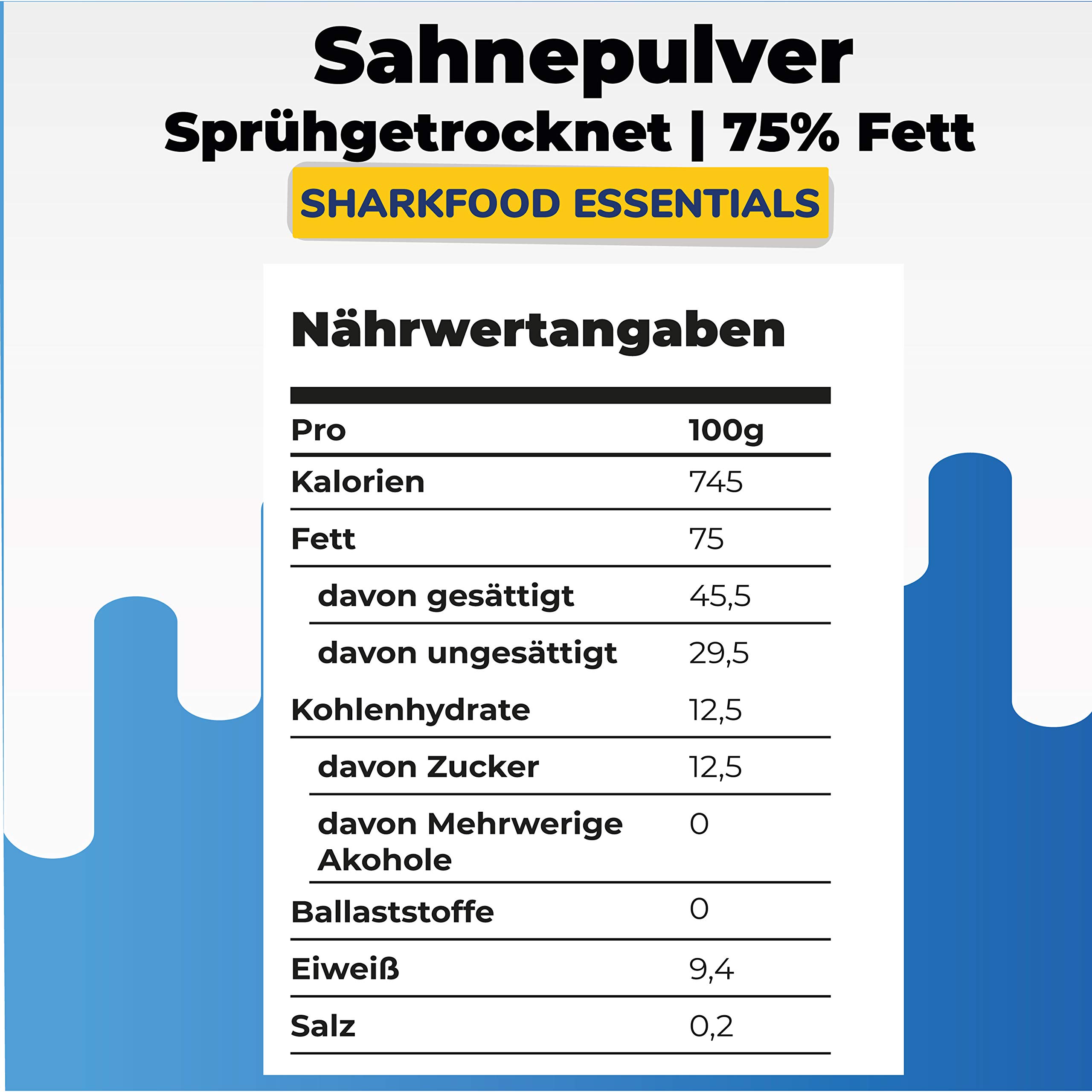 Sharkfood Sahnepulver 1000 g– 75% Fettgehalt – ohne Zucker – Sahneersatz – für Desserts, Suppen, Saucen, Schlagsahne, Schokolade herstellen 1 kg