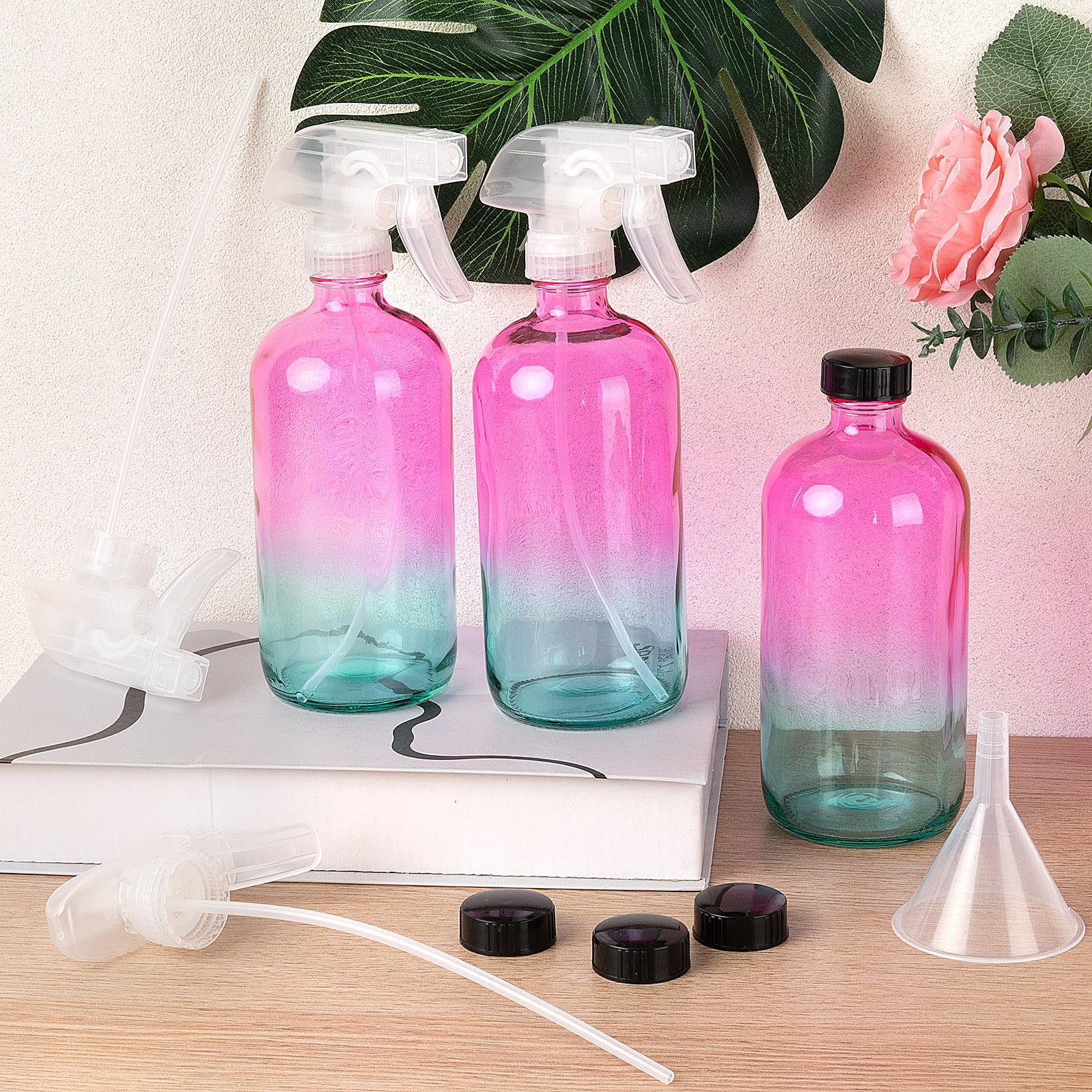 Glass Spray Bottle 16.9oz Empty Spray Bottles Refillable Container Trigger Sprayer for Cleaning Solutions, Water, Essential Oils, Hair, 3 Pack (gradient)