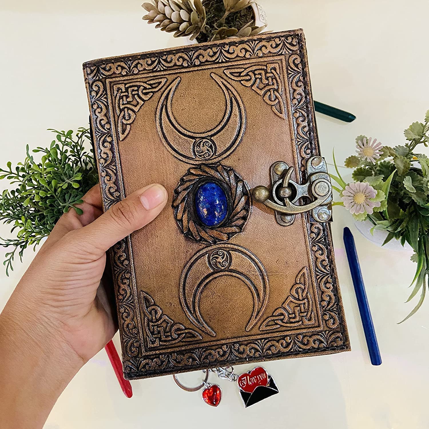 Handgefertigtes Vintage-Leder-Tagebuch mit handgefertigtem Papier, Drittes Auge, Stein, Tagebuch, antiker blanko, Wicca-Notizbuch, Dreifachmond, Grimoire-Tagebuch, 17.8 x 12.7 cm