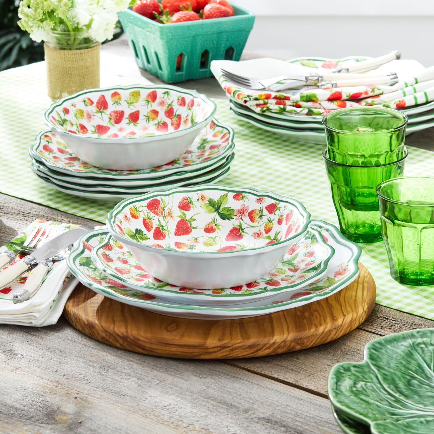Sur La Table Wild Strawberry 12-Piece Melamine Dinnerware Set, Red