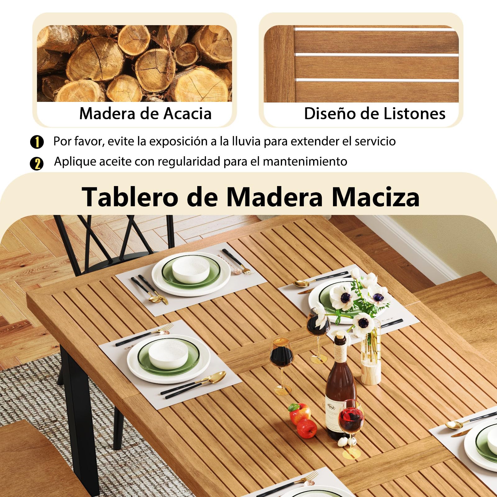 COSTWAY Mesa Jardin Exterior de Madera Acacia, 200 x 100 cm, Mesa Comedor Exterior para 8 Personas, Orificio para Sombrilla, Mesa Rectangular Terraza Balcon Jardin, Natural y Negro