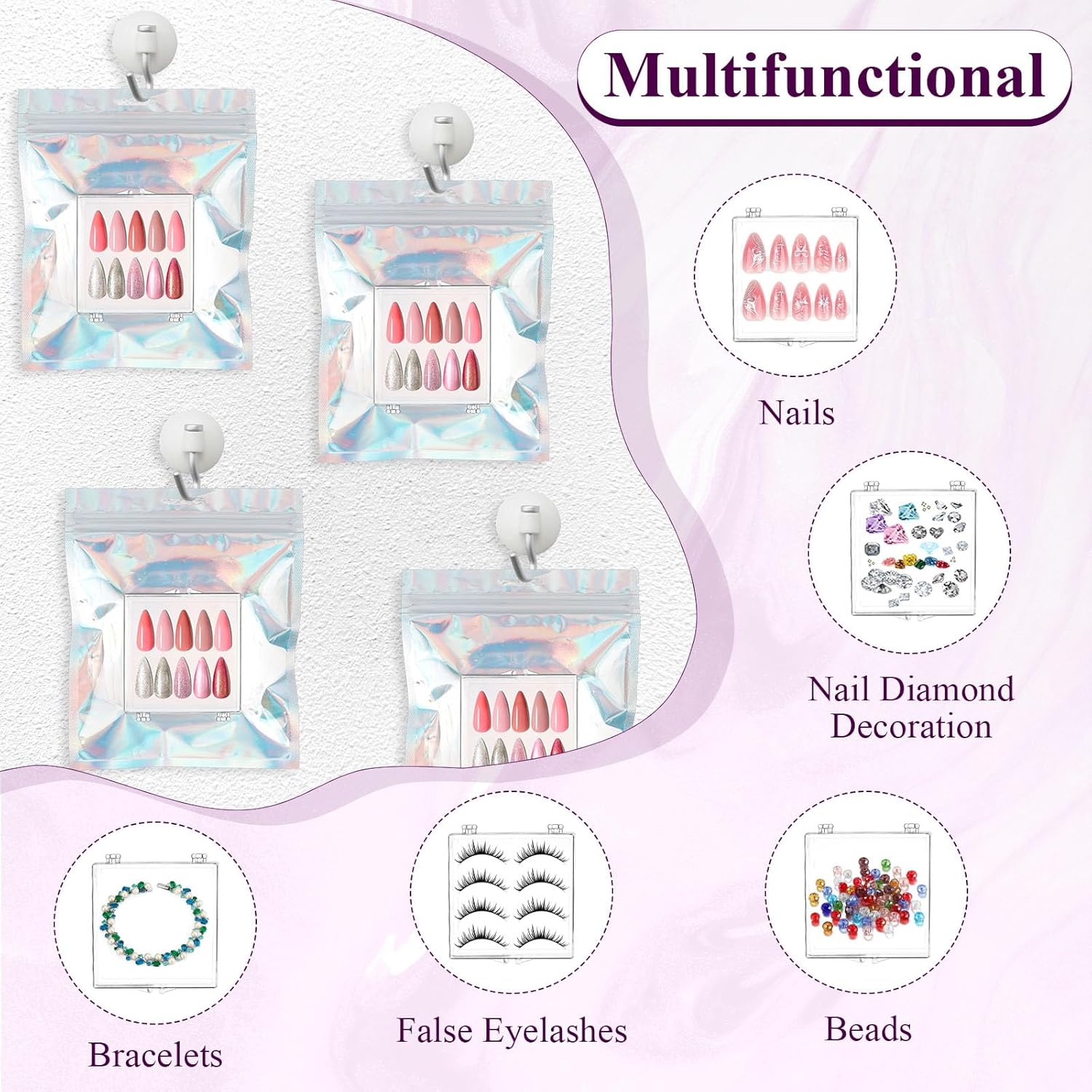 50 Pcs Press on Nail Storage Box, Clear Nail Display Case with 120 Pcs Adhesive Double Sided Tape and 50 Pcs Nails Packaging Bag, Press on Nail Case for Nails Salon, Storage, Display