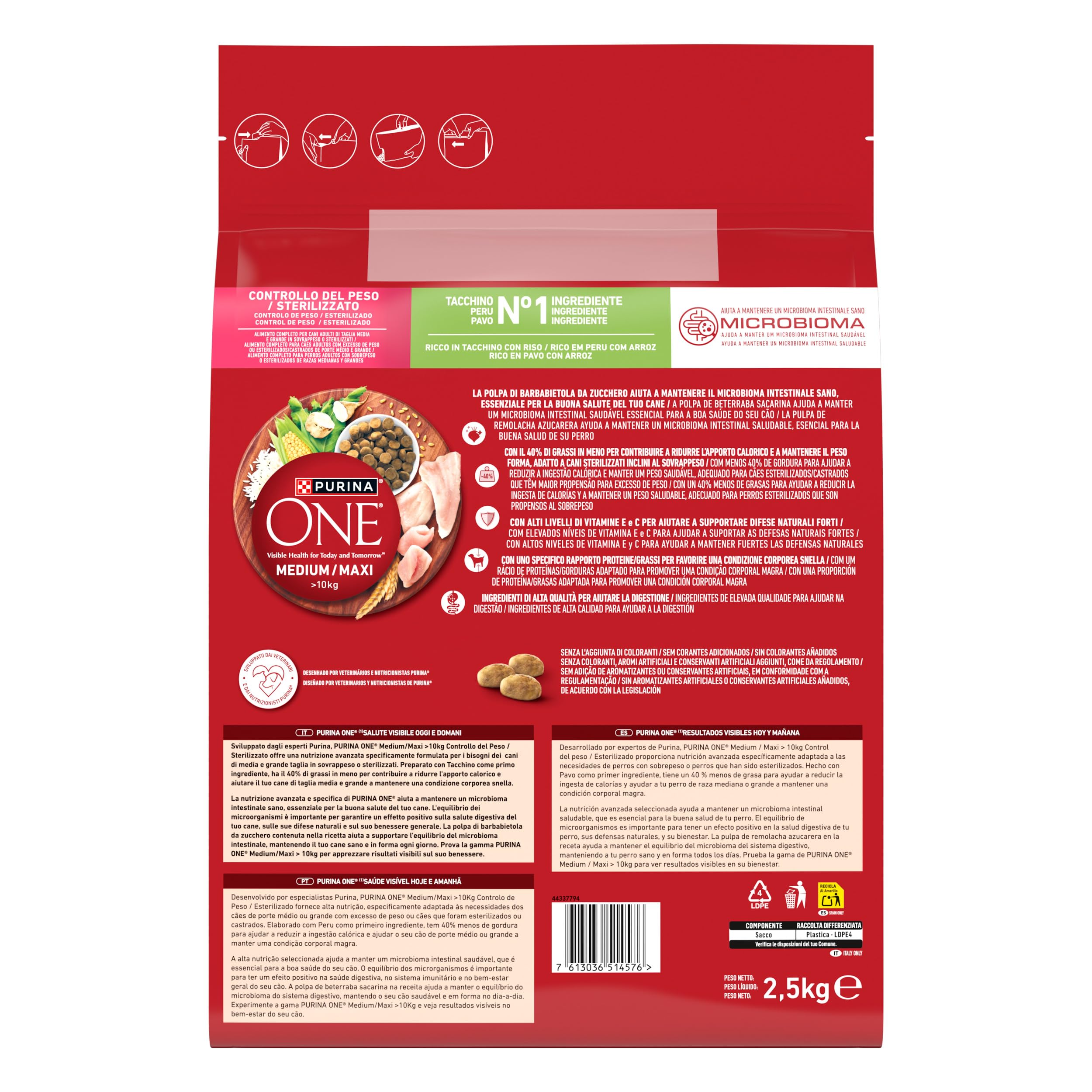 PURINA ONE Medium Maxi Controllo del peso Crocchette per Cani Adulti Sterilizzati con Tacchino 4 Sacchi da 2.5kg