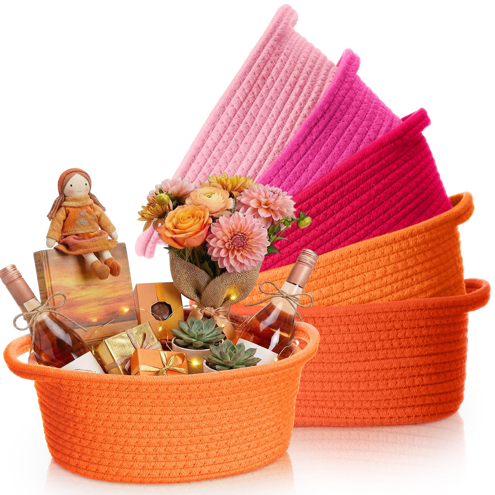 Photo 1 of LemonRoad Cotton Rope Basket with Handles - 9x6x5" Pink Orange