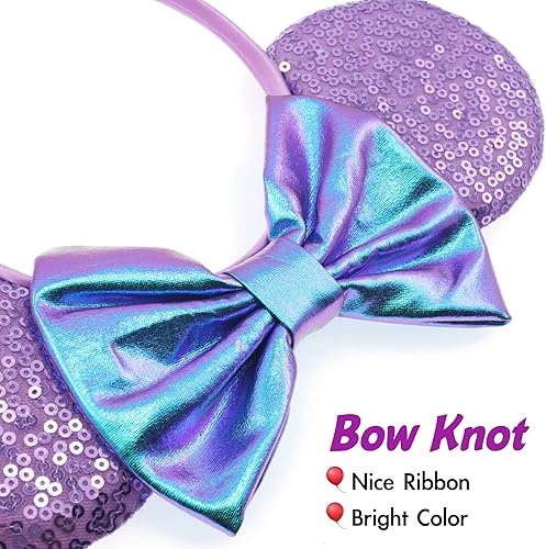 Miniatura 3 de Diadema de lazo con orejas de ratón, diadema de orejas de Minnie y lentejuelas con 2 pinzas para el pelo, decoración de fiesta de princesa con