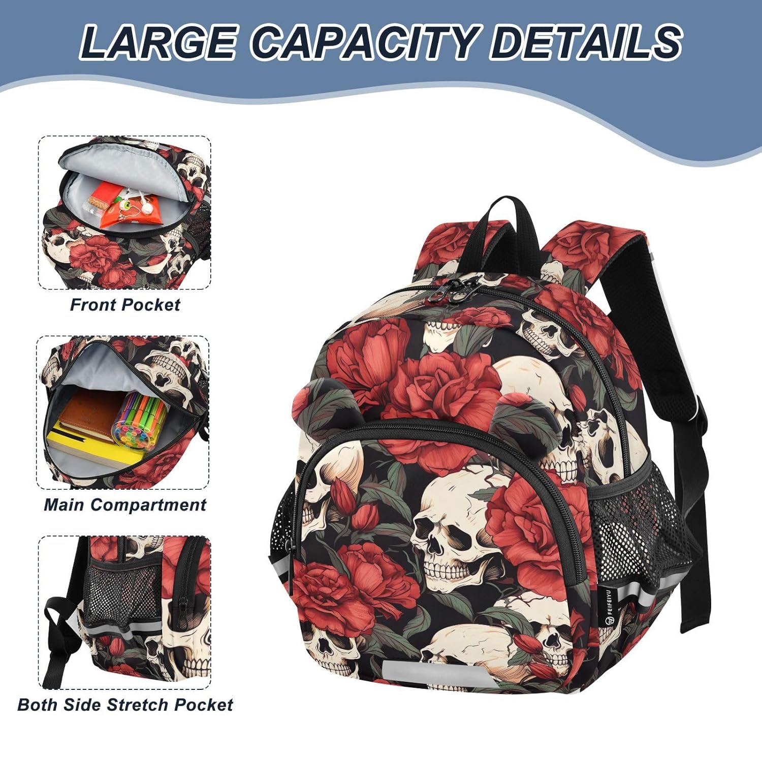 Watercolor Skull Red Roses Toddler Harness Backpack for Boys Girls 3-6 Years Kids Backpack with Anti Lost Safety Leash Child Leash Backpack for Travel Preschool Walking