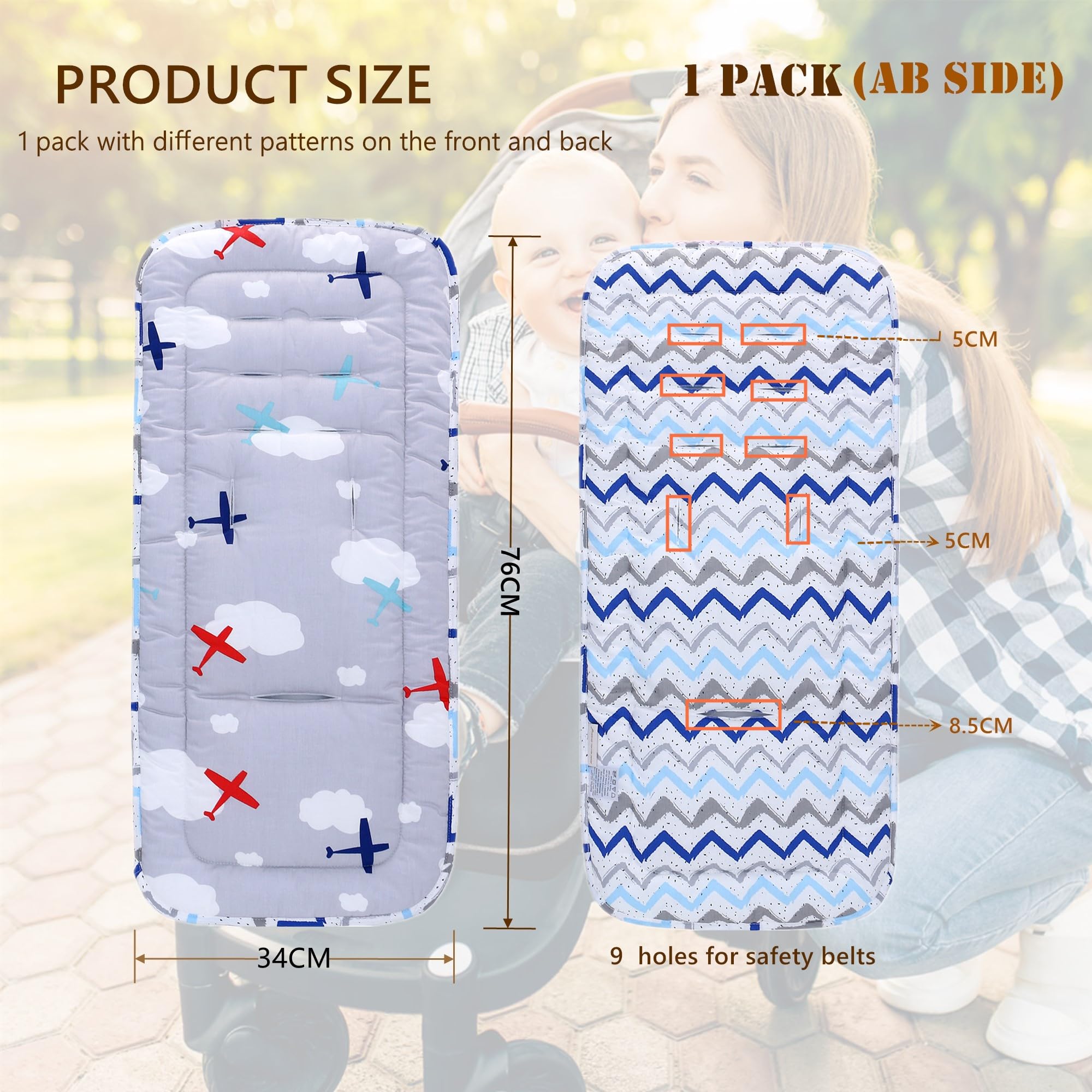 Baby Pushchair Seat Liners,Pram Liner Universal Fit for Most Pushchairs,100% Cotton Double-Sided Baby Stroller Cushion Pad,Stroller Pad Seat Cover for Toddler,1 Pack,78x34cm (Gray+Green) - Image 2