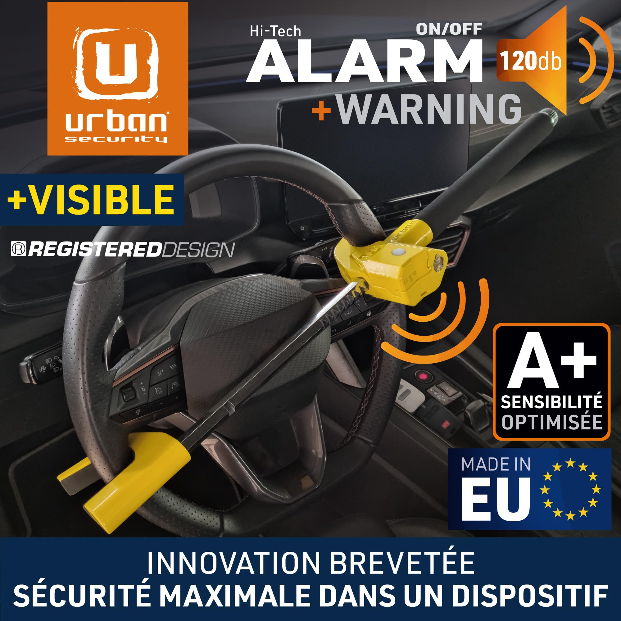 URBAN UR978Y Antivol Voiture Double Sécurité | Canne Antivol Voiture + Alarme Hi-Tech 120dB LED Warning | Sûr, Dissuassif, Résisté Tentative Vol | Bloque Volant Breveté, Barre Bloc Auto Universelle