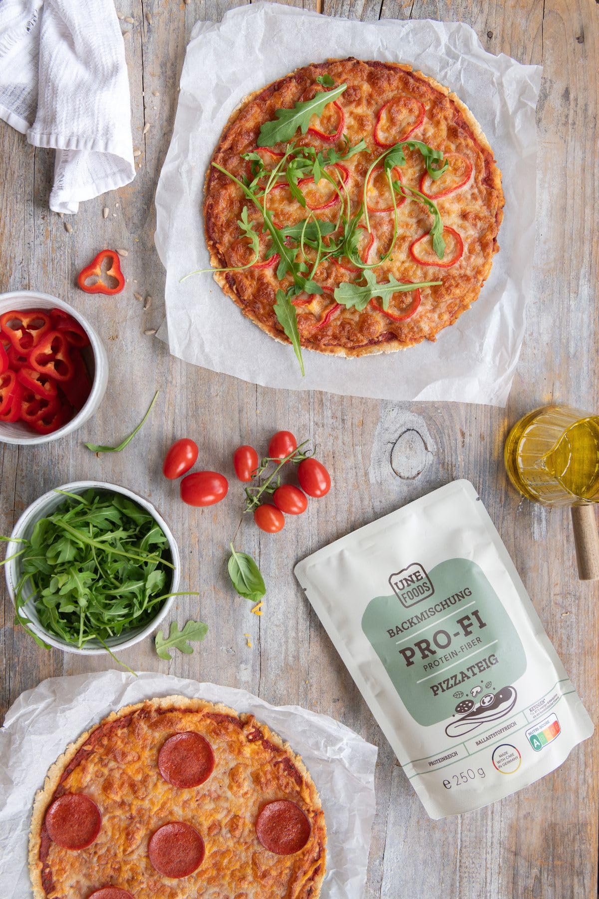 UNE FOODS PREMIUM Pro-Fi – Low-Carb Protein Pizza Backmischung – 250 g | Ballaststoffreich & Eiweißreich | Ohne Zuckerzusatz | Pizzateig zum Selbermachen