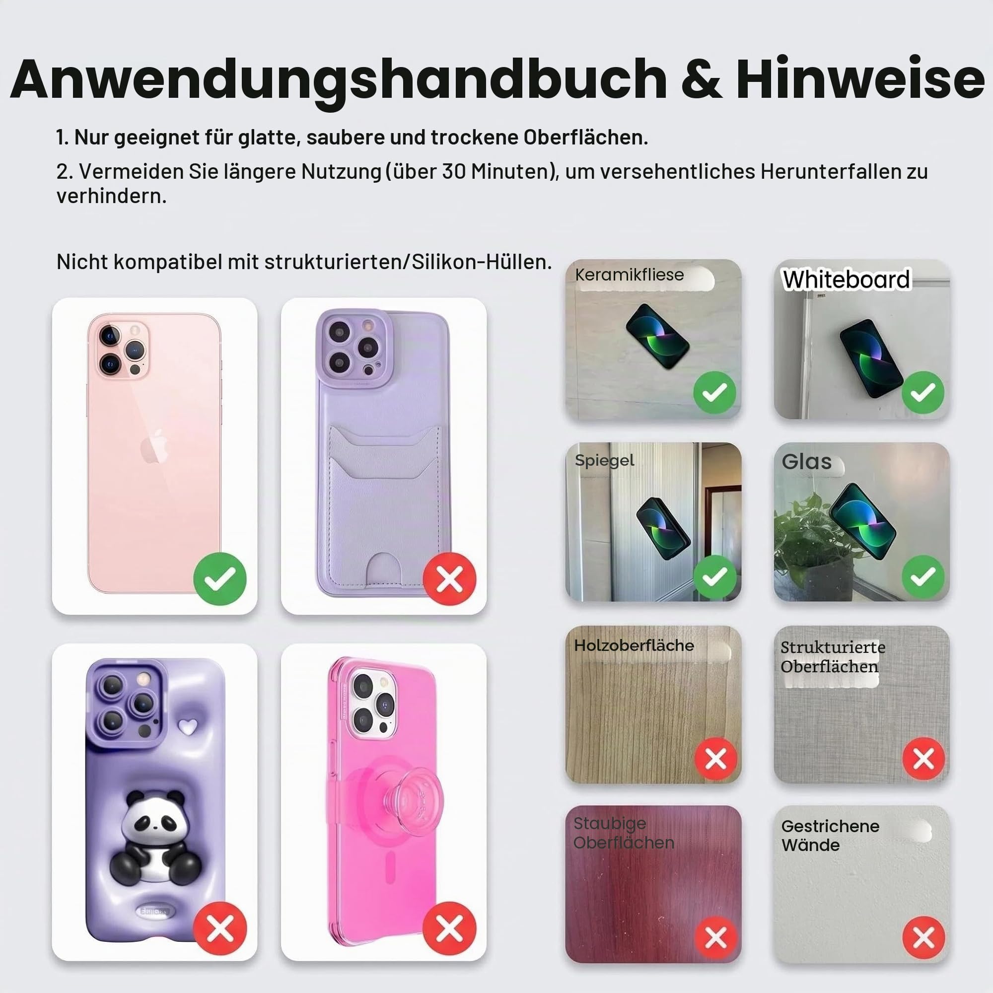 2-Pack Doppelseitiger Saugnapf-Handy-Griff und Halterung – Handsfreie Nutzung, wiederverwendbar und Starkes Halten für Selfies, Videogespräche und mehr (Transparent+Black)