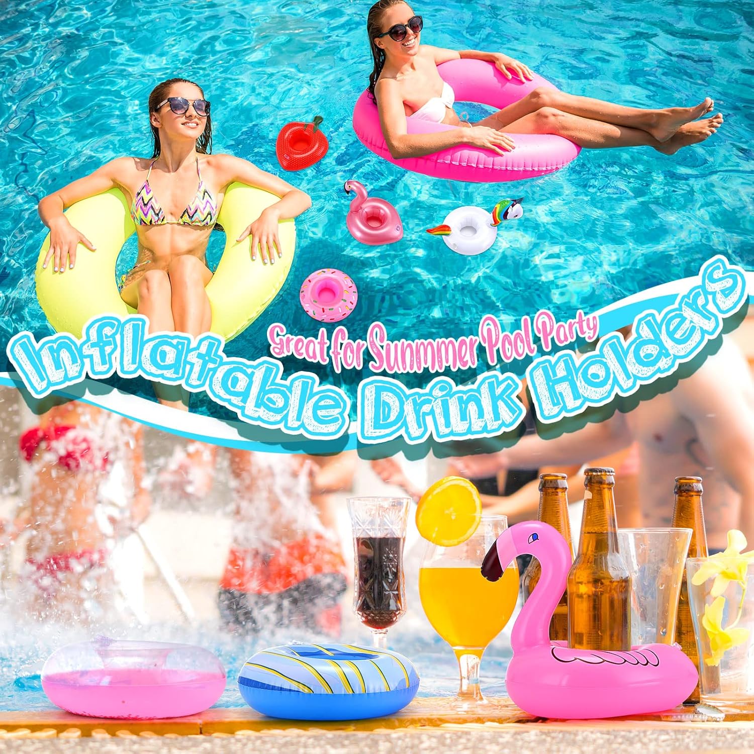 60 Pcs Drink Floats Inflatable Drink Holder Drink Floaties Floating Cup Holders for Summer, 30 Styles