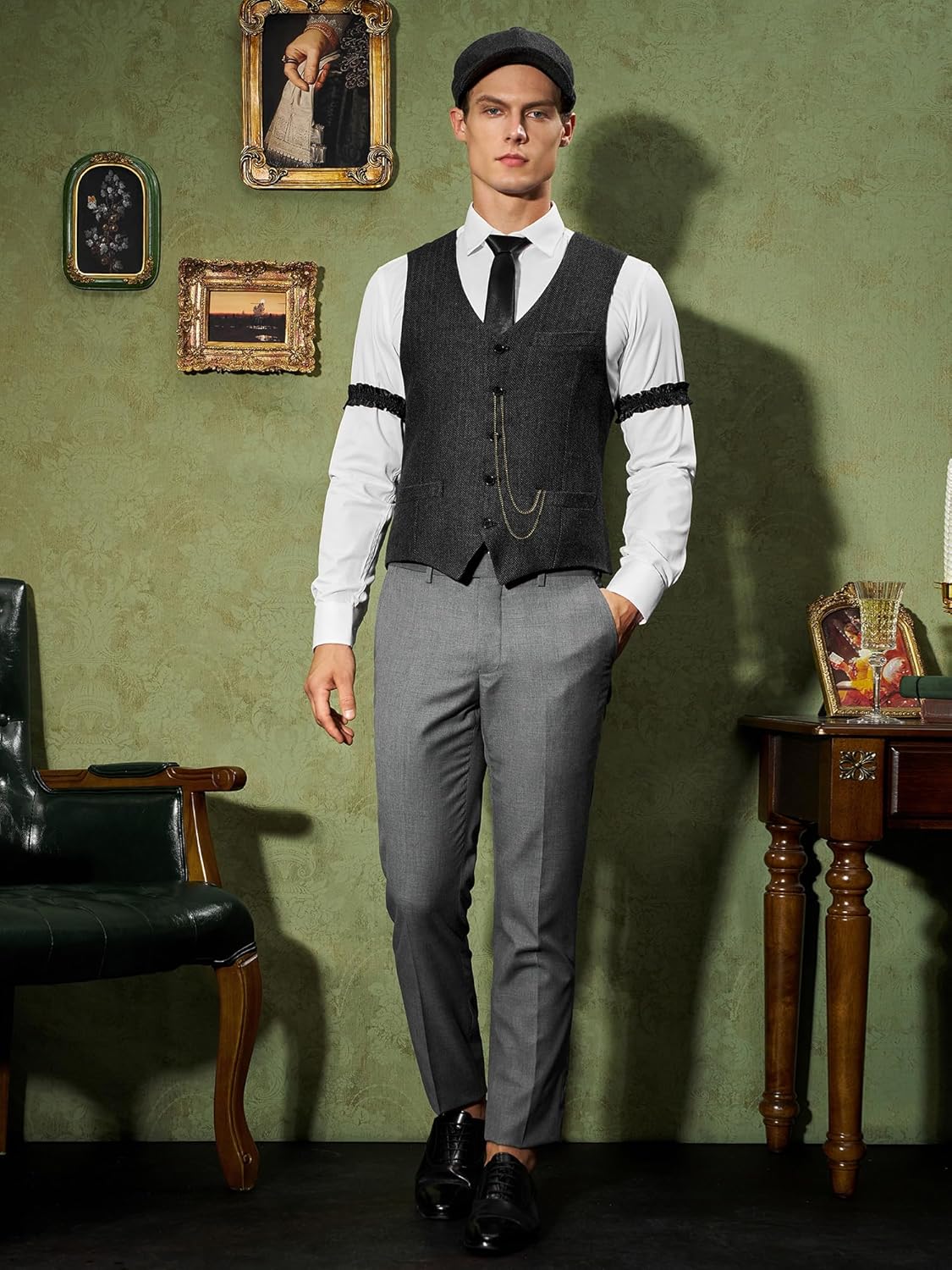 YESSA 1920s Mens Costume,Roaring 20s Costumes for Men,Gatsby Costume Men,1920s Mens Outfit Hat Vest Pocket Watch Tie - Image 3