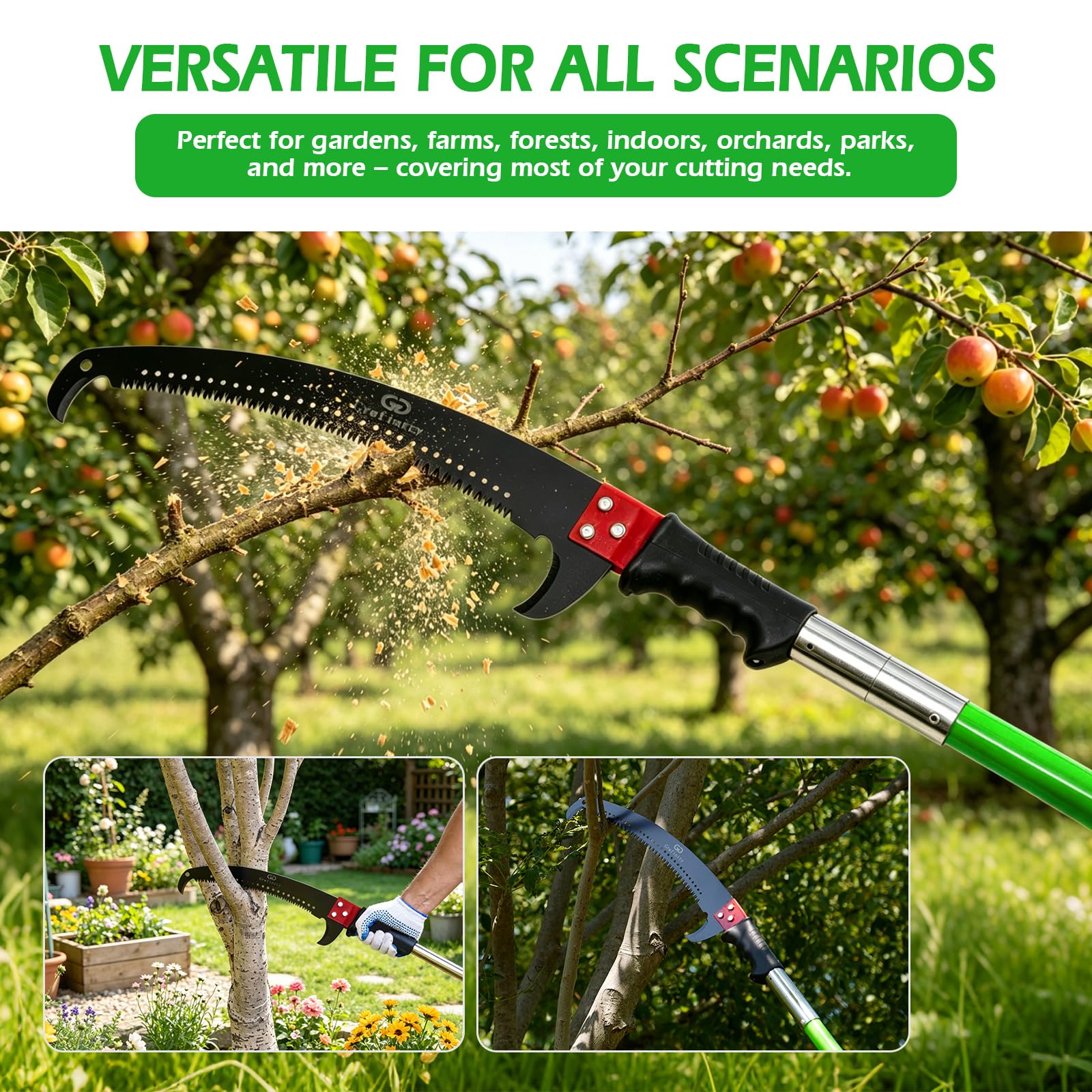 Grefinity Sierra de poste manual de 27 pies, recortadora de ramas de árbol con mango de fibra de vidrio de 8 secciones, hoja de acero afilada, diseño ligero y extensible para podar ramas altas, ideal