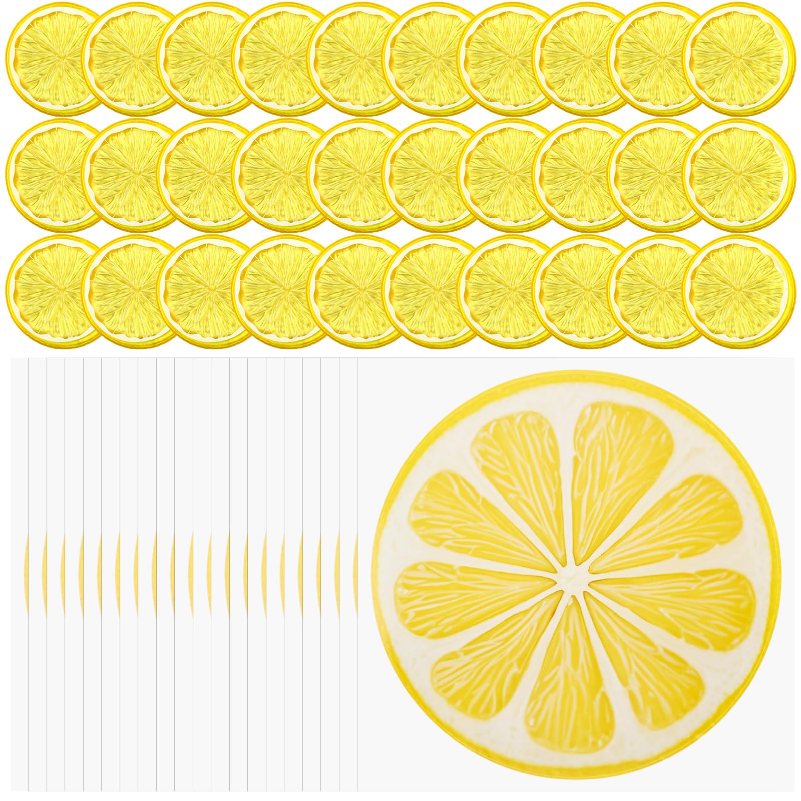 Photo 1 of Suncalla 50pcs Fake Lemon Slices Set 30pcs Faux Lemon Slices and 20pcs 8 Inch Lemonade Stickers Plastic Artificial Lifelike Fruit Decoration Mini Simulation Summer Party Cake Birthday Vase Yellow
