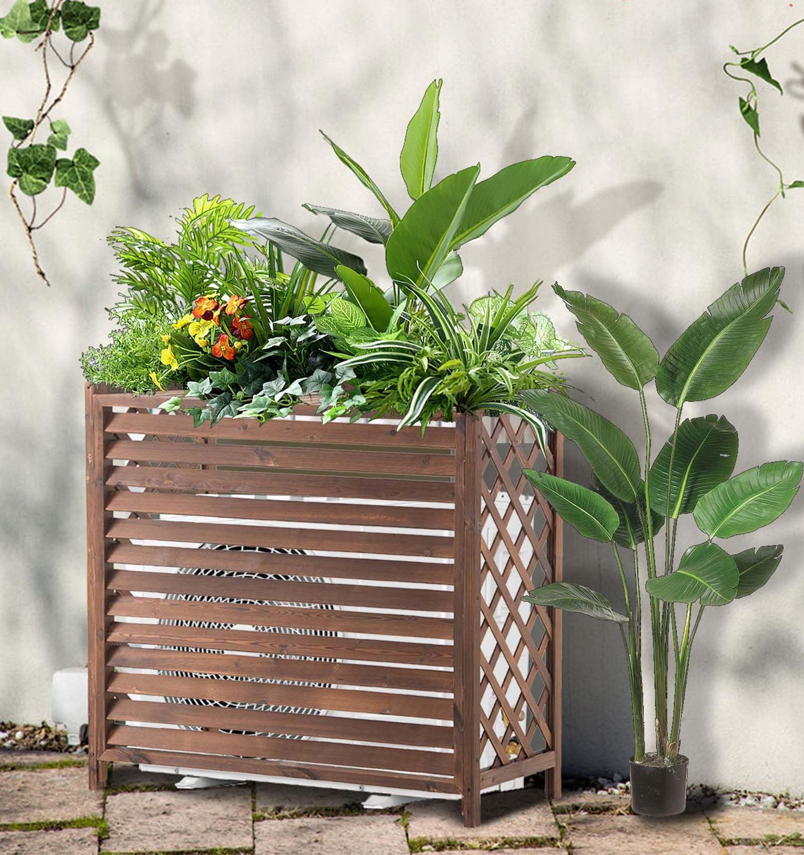 Support de fleurs en bois et grilles de protection de climatiseur