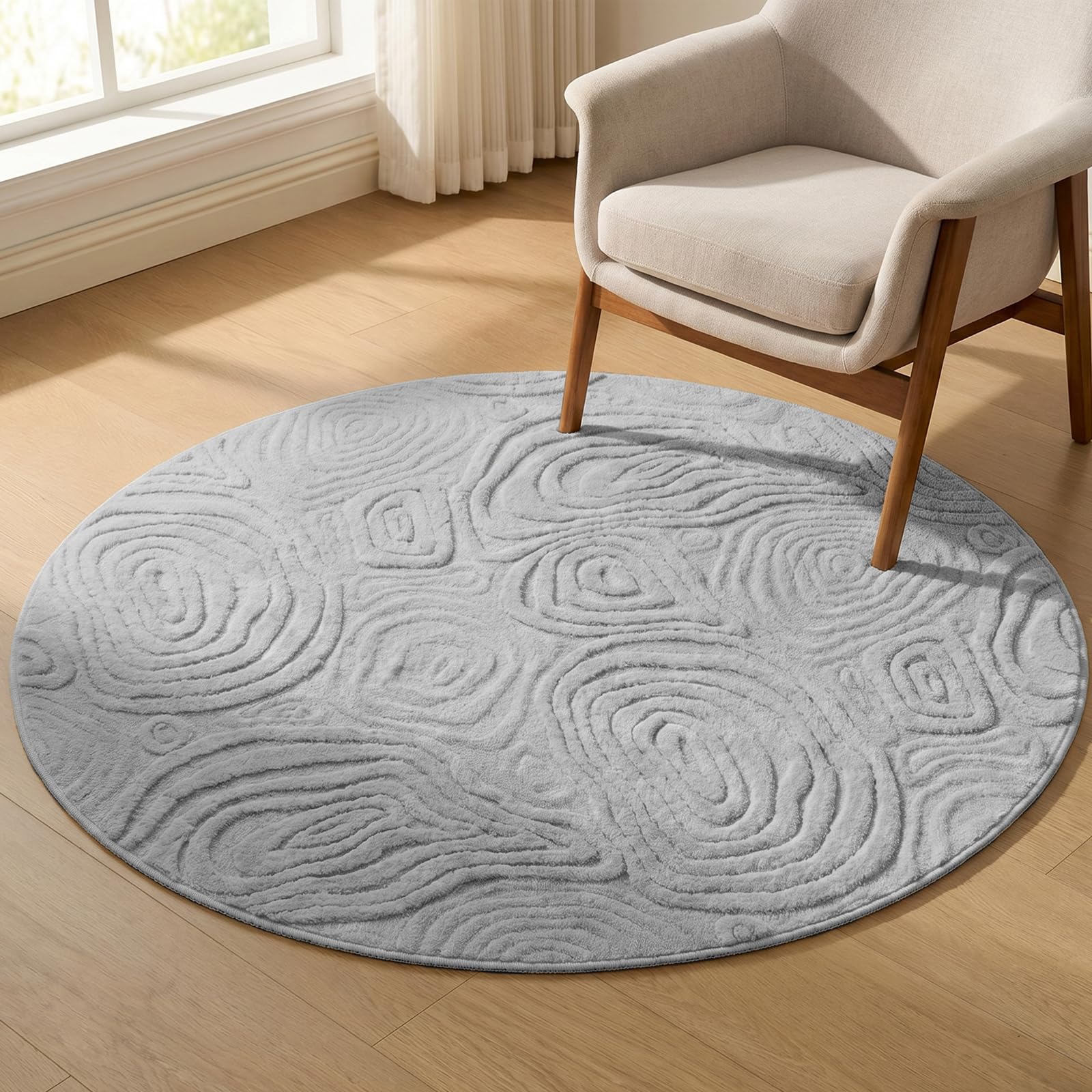 Dnlaphbh 3D Round Short Pile Rug 80cm, Grey Washable Rugs Living Room, Non-Slip Rugs for Bedroom, Modern Geometric Round Rug,Machine Washable, Modern Area Carpet for Kids Room,Lounge,Nursery(Grey)