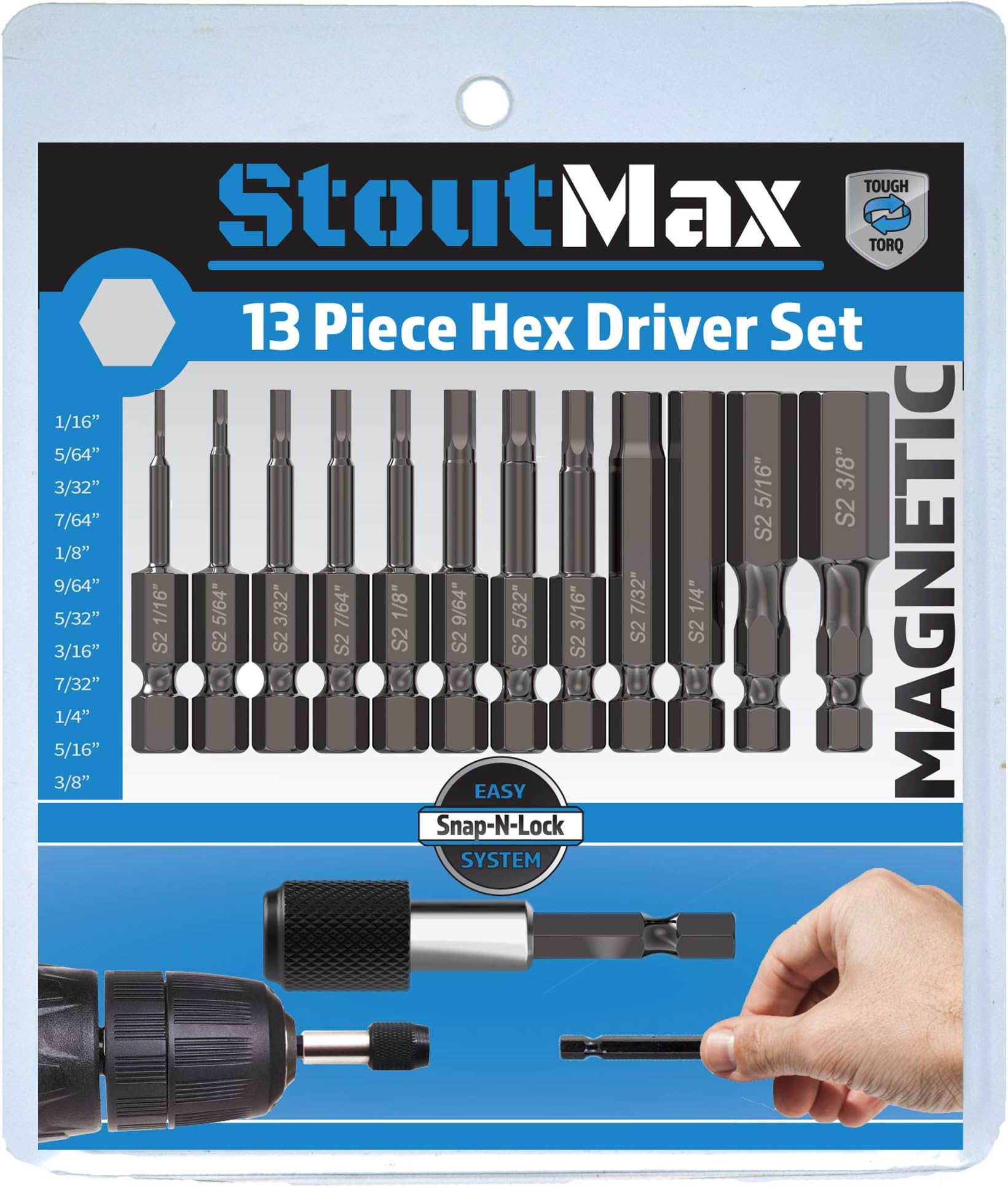Hex Bits Set Allen Wrench Key Drill Bit Set - Magnetic Tips - Quick Release Attachment Bit Holder - Solid S2 Steel Alloy - 2.3" Long - 13 Pack