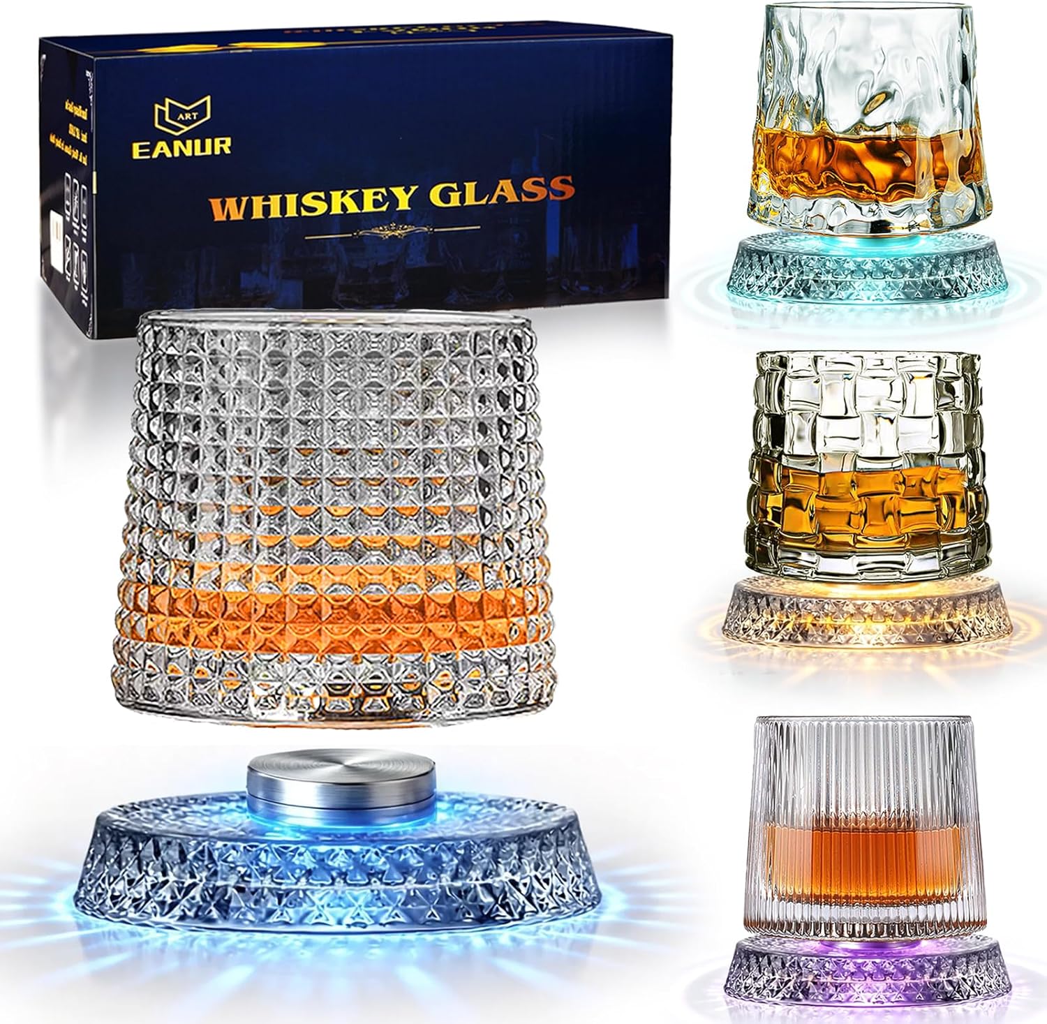Upgraded Rotating Whiskey Glasses with LED-Lit Crystal Base, Spinning Old Fashioned Glass for Bourbon & Scotch, Gift for Men, Dad, Husband (10 oz, Gift Box)