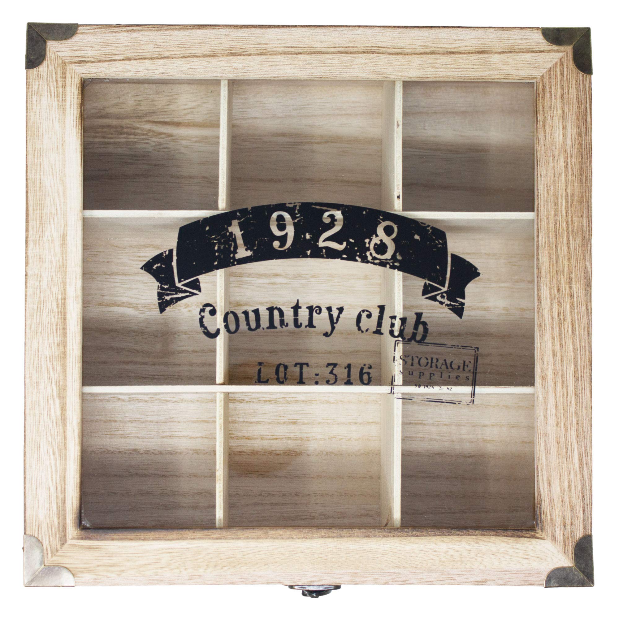 ToCi Scatola da tè in legno naturale con 9 scomparti – Scatola rettangolare con finestra in stile vintage – Contenitore per tè per bustine di tè, spezie e piccole parti | 24 x 24 x 8,5 cm
