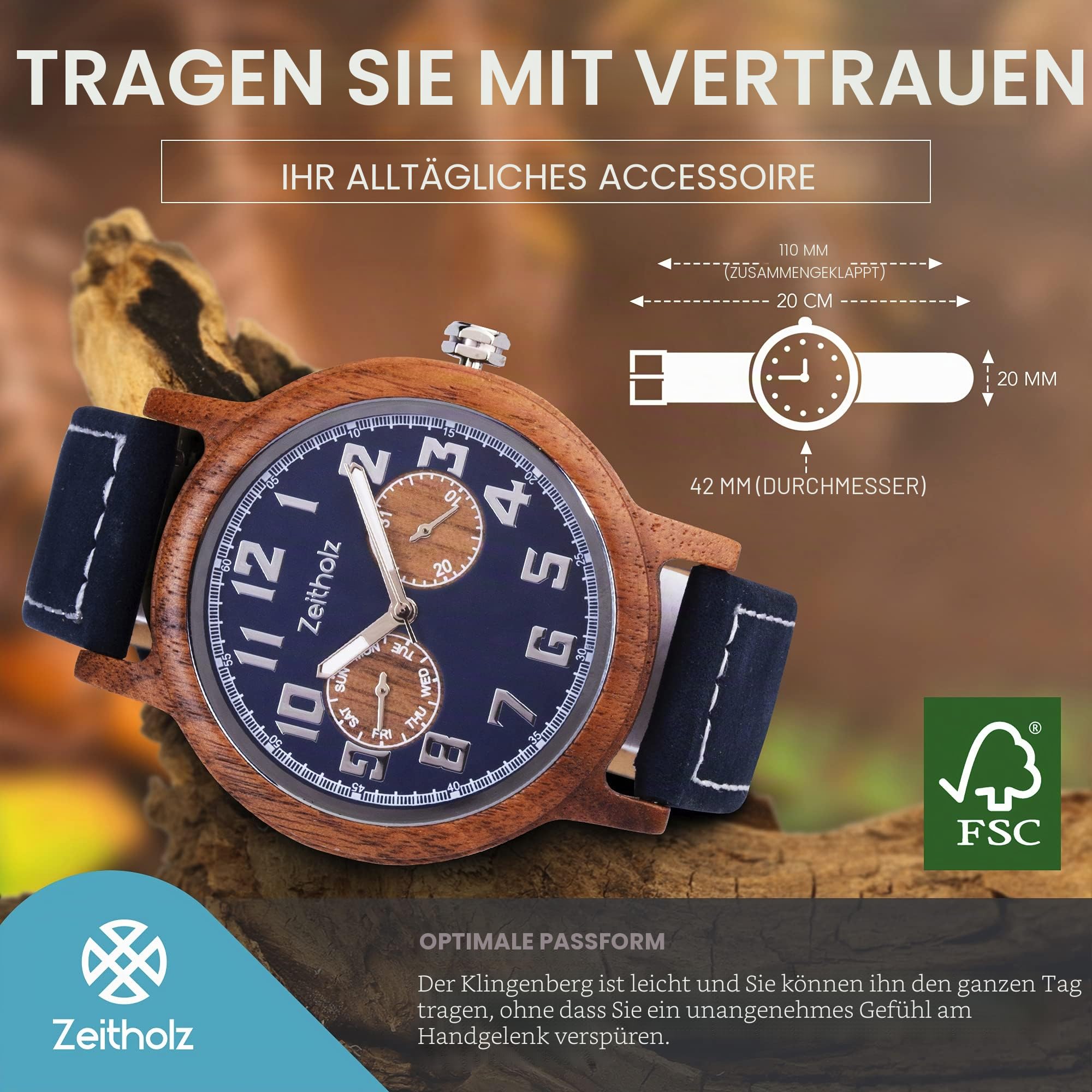 Holzuhr für Herren - Modell Klingenberg, handgefertigt aus 100% natürlichem Walnuss mit Quarzwerk - Leichte analoge Uhr mit Holzmaserung für Ihn
