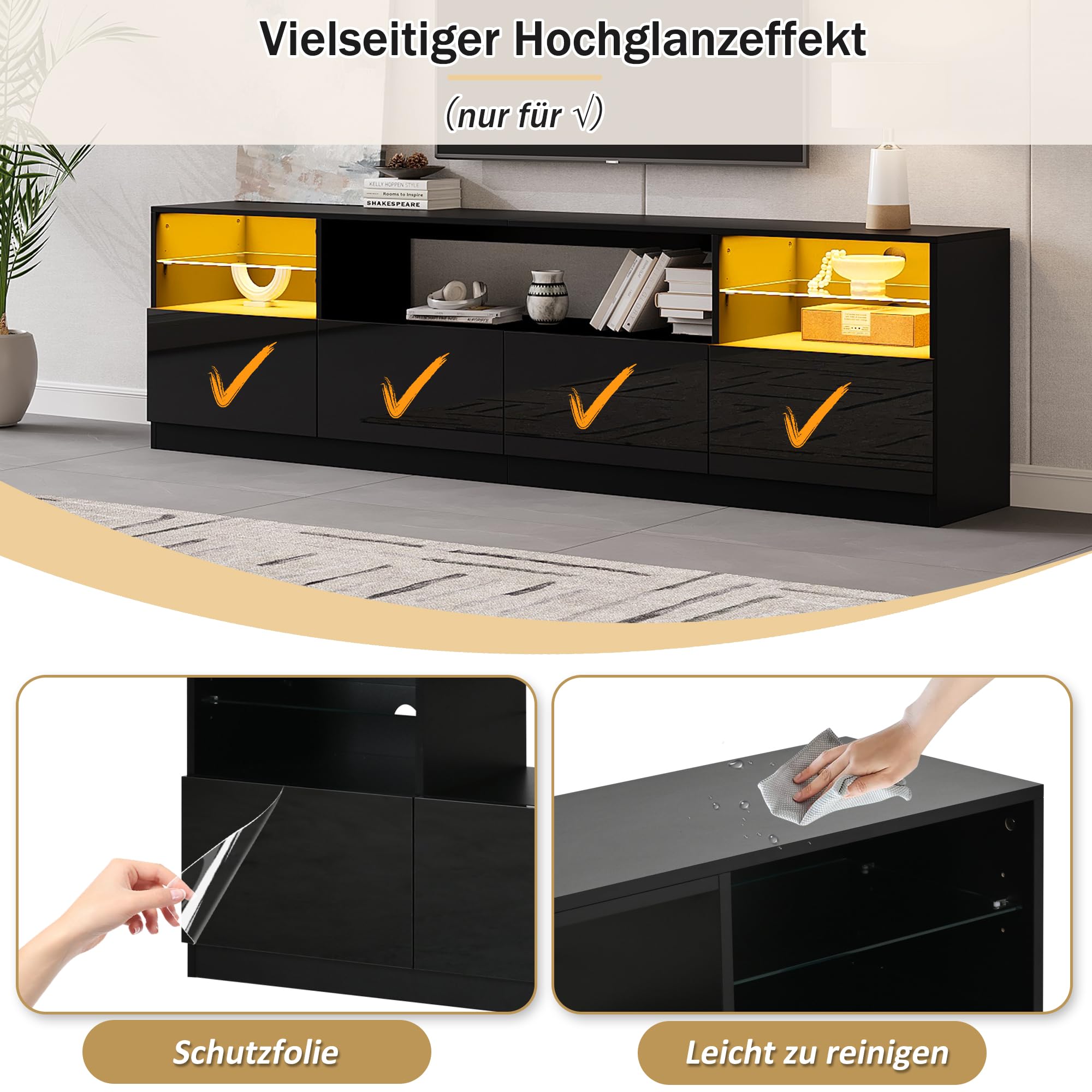 Armoire de Télévision,Meuble TV avec Ambiance Lumineuse,Support Télé,4 Portes,5 Etagères Ouvertes,2 Verre Réglable,Longueur 180cm,Meuble Télé de Salon,pour Télévision jusqu'à 75 Pouces