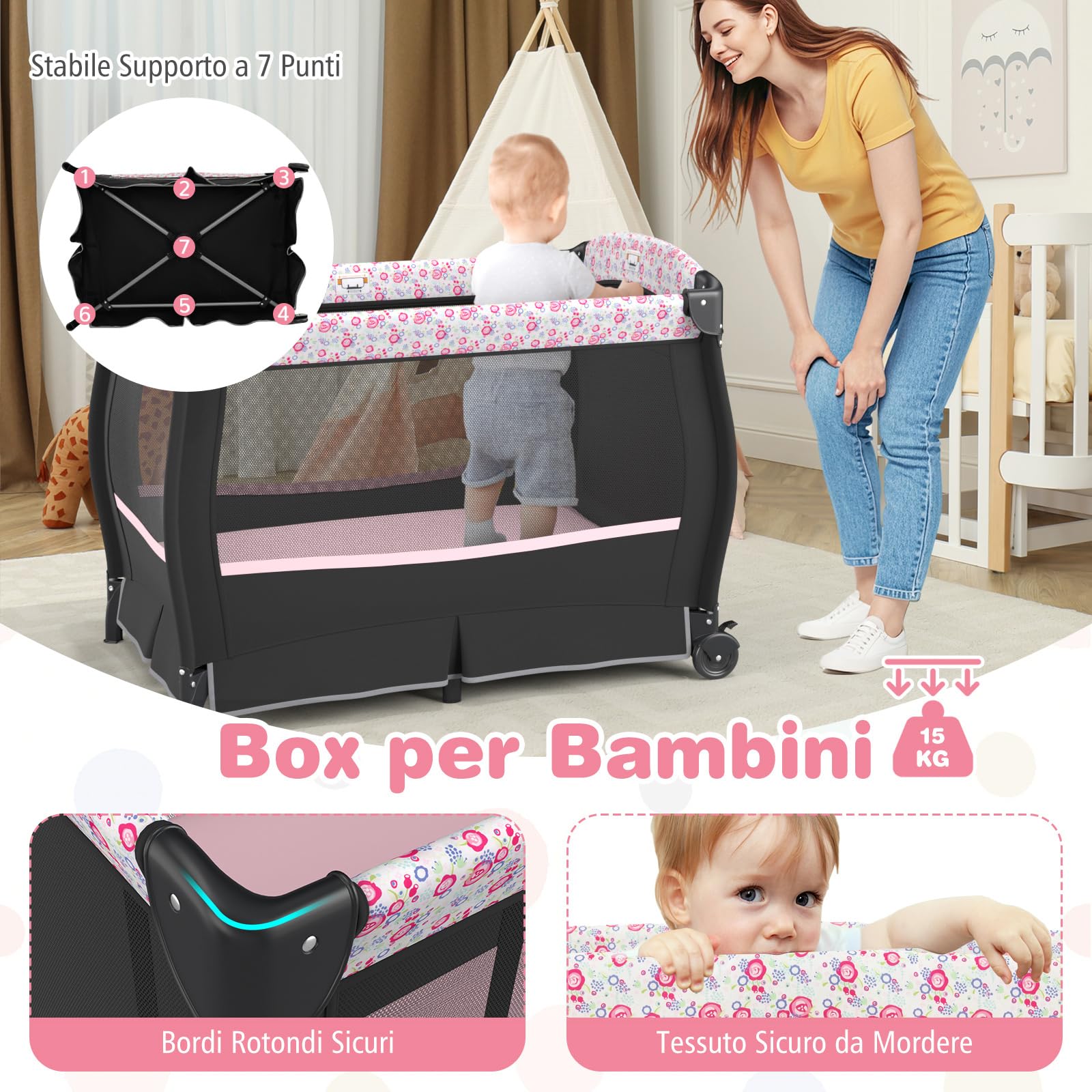 COSTWAY 4 in 1 Lettino Neonato con Materasso, Culla da Campeggio con Fasciatoio Cappottina Regolabile, Ruote Bloccabili, Box Piechevole per Bambini 0-36 Mesi (Fiore Grande)