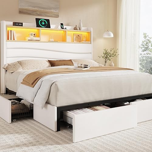 Miniatura 11 de Base de cama tamaño Queen con 6 cajones de almacenamiento, plataforma tapizada de lino con estación de carga y luces LED, diseño de cabecera en