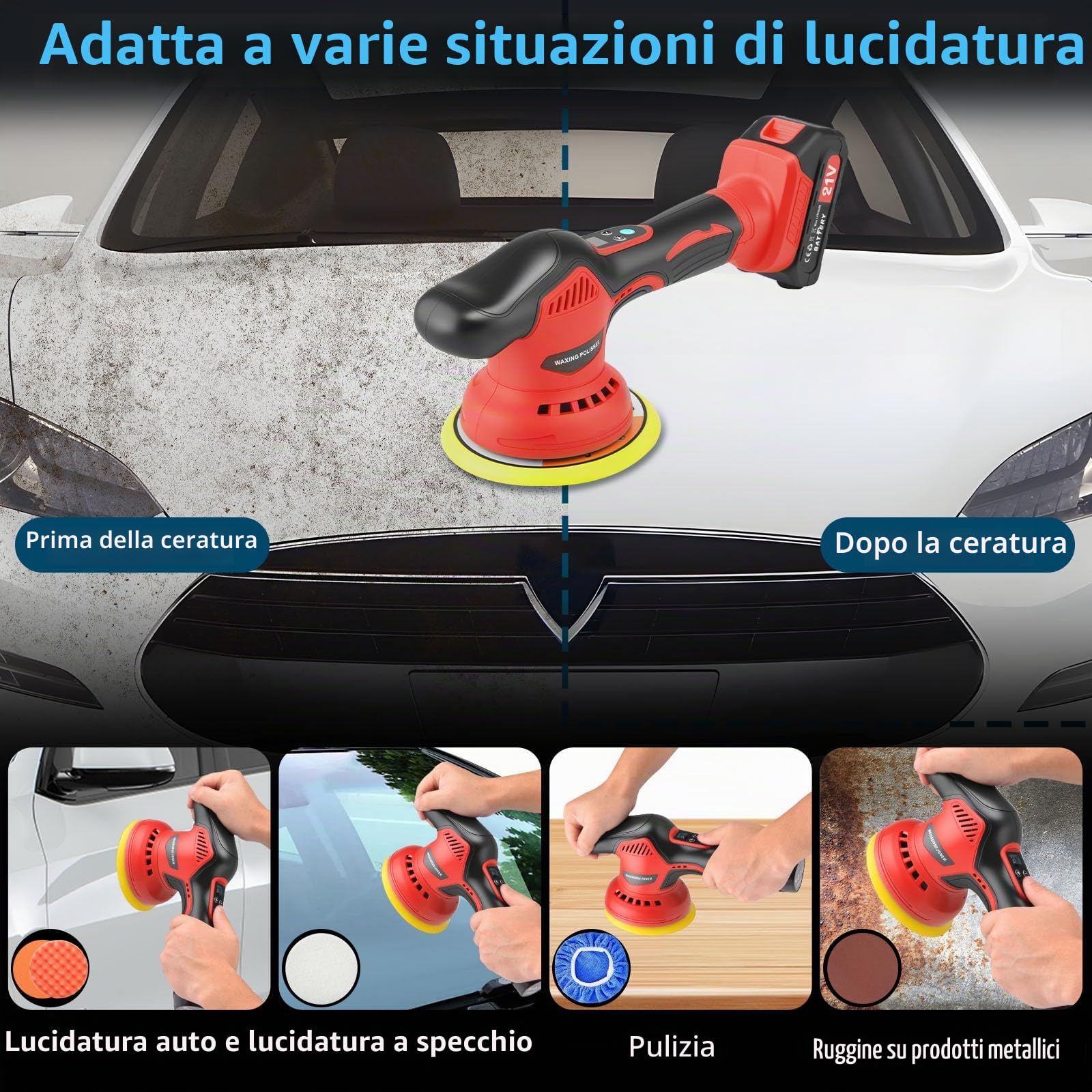 21V Lucidatrice Auto a Batteria,Lucidatrice Rotorbitale Professionale con 2 Batterie al Litio 2000mAh,8 Velocità Regolabili 2500-6300 RPM per Lucidatura,Pulizia e Ceratura Auto,Kit con 17 Accessori