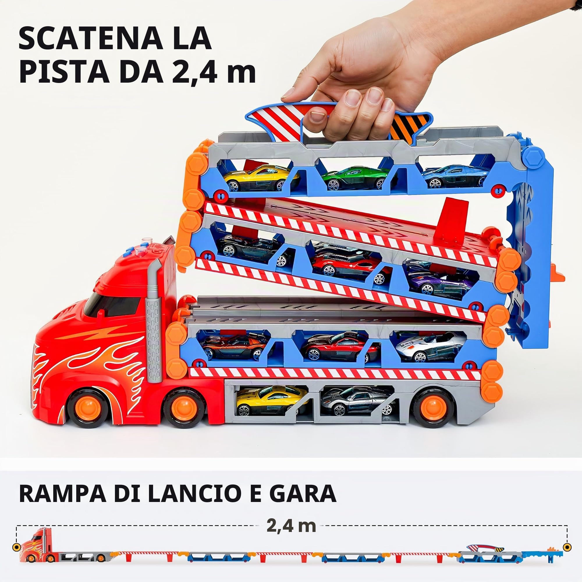 SYNCFUN Transport Race Truck Toy Cars, giocattolo da camion da pista da corsa gigante da 2,4 m, pieghevole a 3 strati con 12 auto, luci e suoni, regalo per 3, 4, 5, 6, 7 anni, ragazzi