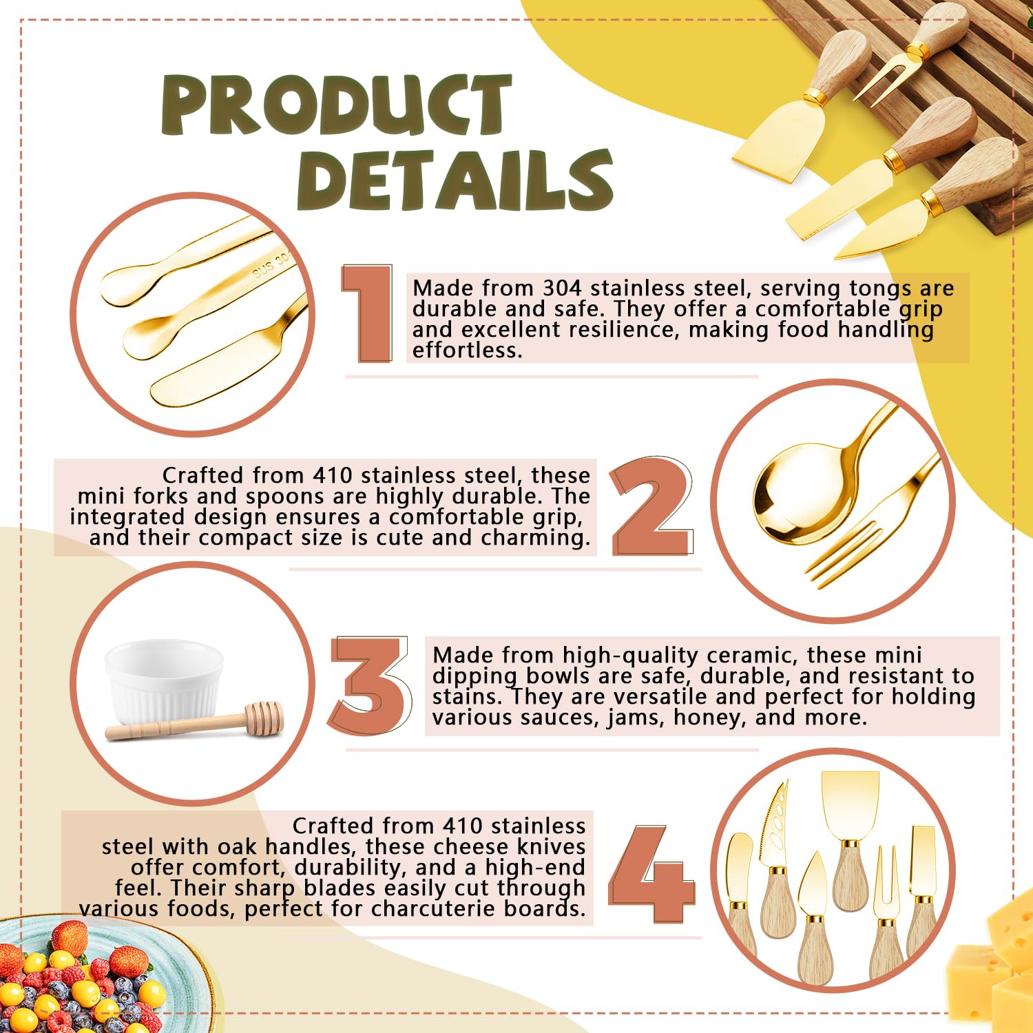 Charcuterie Boards Accessories Charcuterie Utensils Cheese Butter Spreader Knife Set Small Serving Tongs Forks and Spoons Dipping Bowls Honey Dippers Toothpick Flags for Party Platter Making: Gold