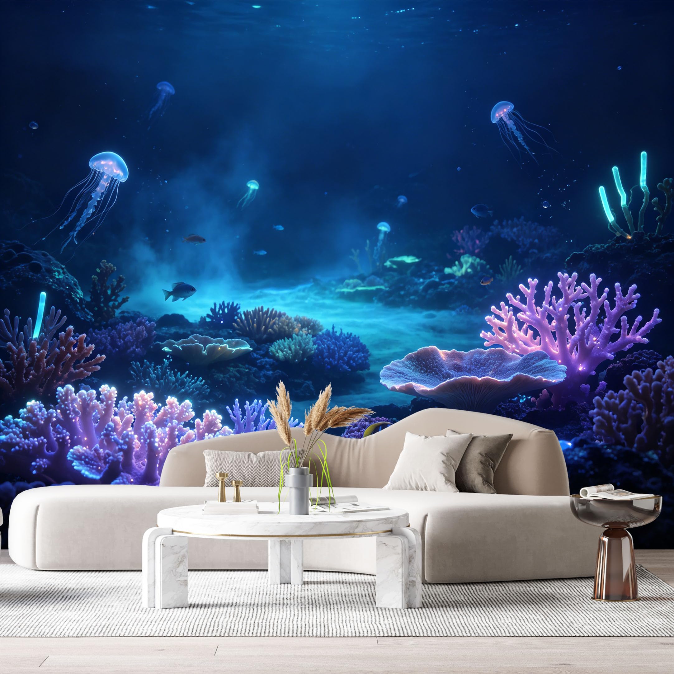 Custom Size Wall Murals Ocean Marine 3D Jellyfish Glowing Coral Reef Underwater Scenery SelfAdhesiveWall Fabric Removable Wallpaper Wall Decor for Living Room Bedroom Bathroom