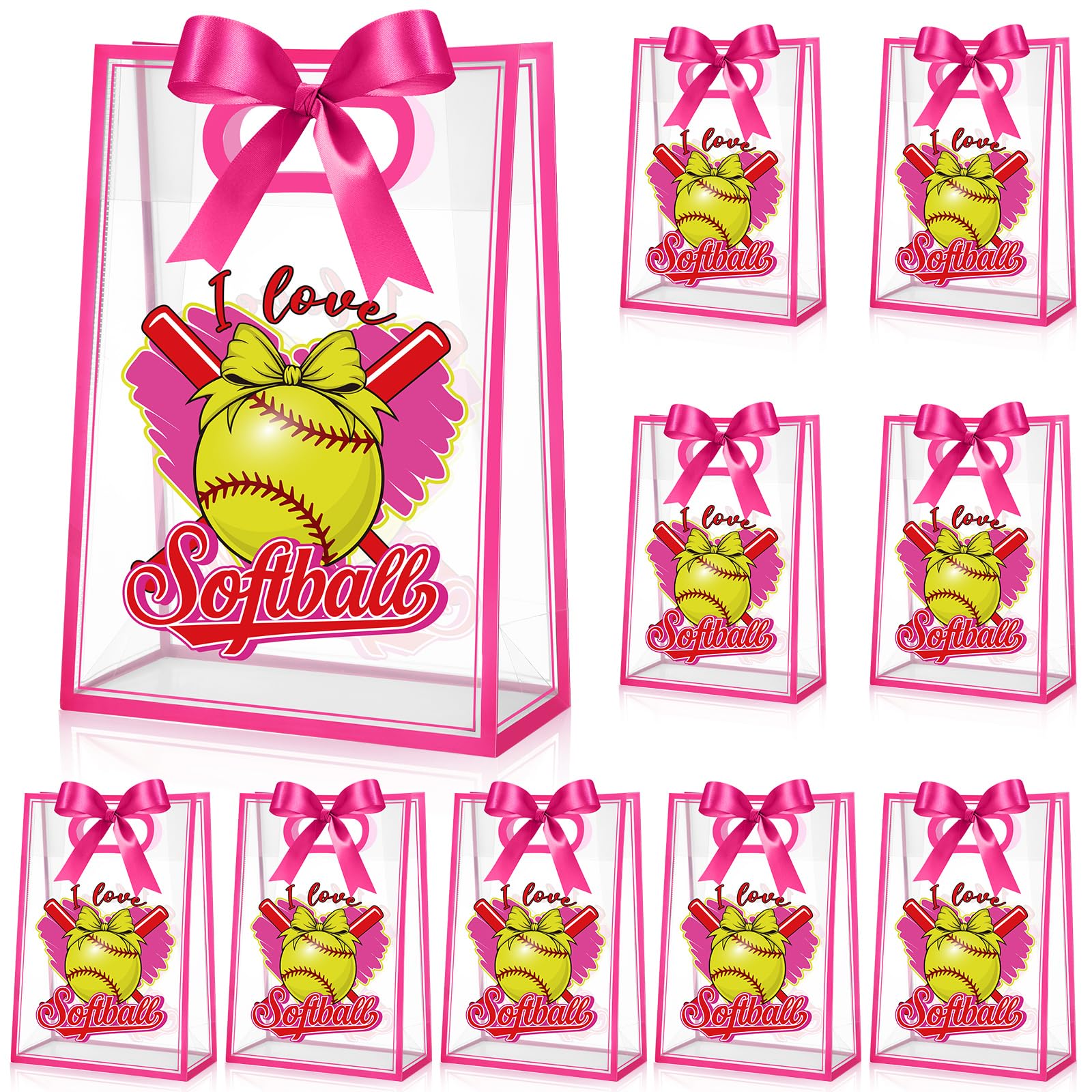 Aliceset 12 Pcs Softball Clear Goodie Bag with Die Cut Handles and Ribbons Sport Theme Party Favor Bags for Softball Team Snack Wrapping Teamer Gifts Birthday Party Treats Supplies, 7x10x3.15 Inch