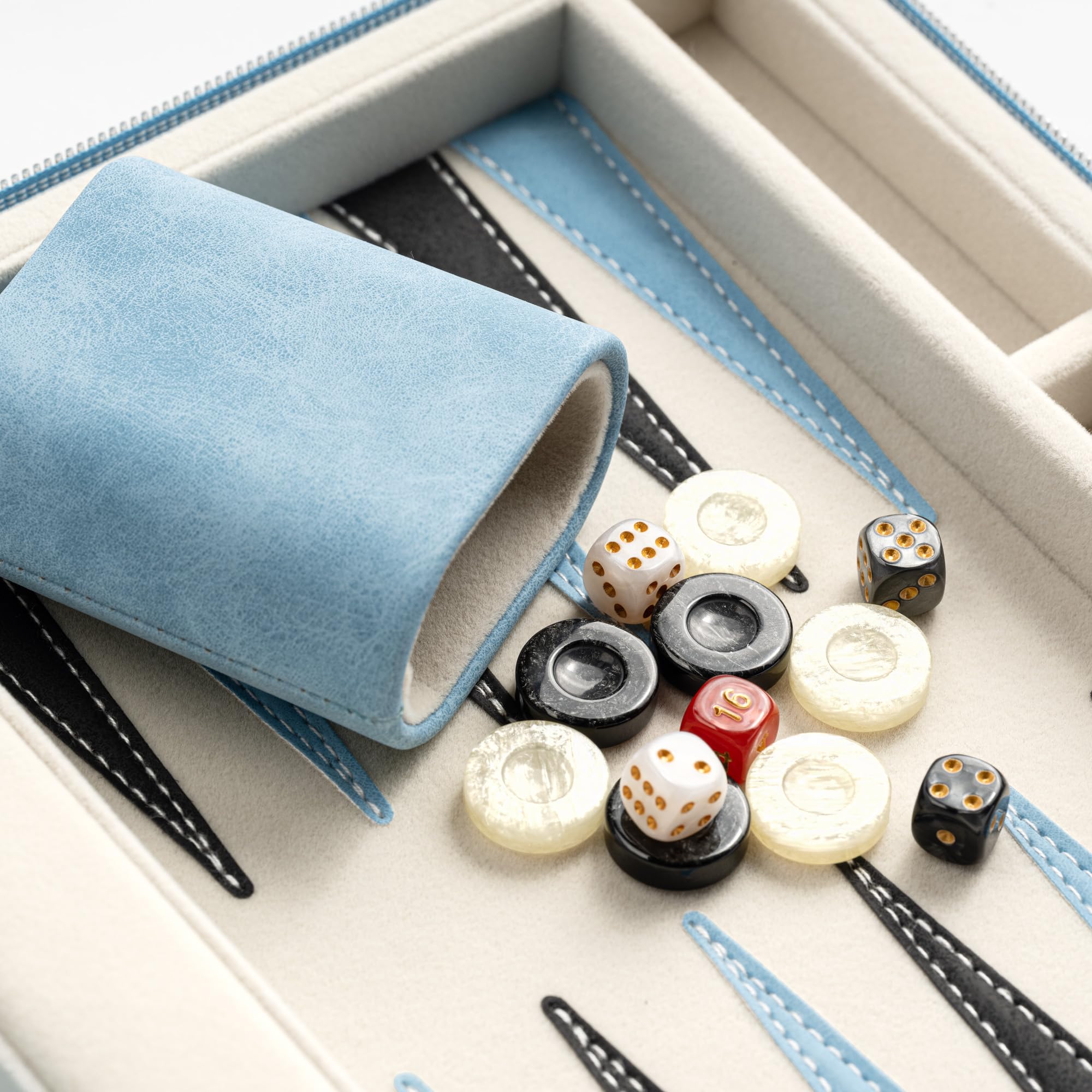 Gry w backgammon 23,9 cm dla dorosłych, klasyczna gra planszowa z składanym etui z syntetycznej skóry, przenośny zestaw do gry w backgammon (niebieski)