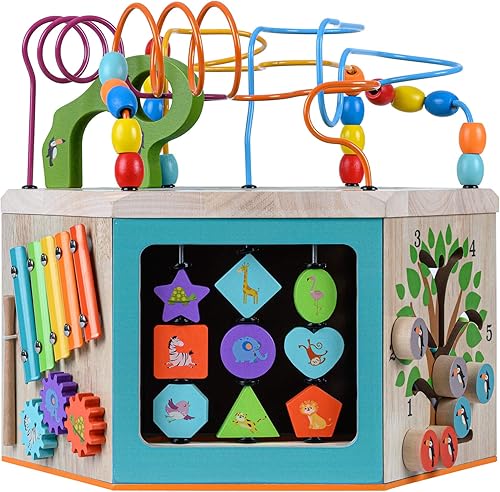 Miniatura 6 de Teamson Kids Laboratorio de juego preescolar 7 en 1 - Cubo de actividades de madera grande, laberinto de cuentas y conteo para niños, juguetes para