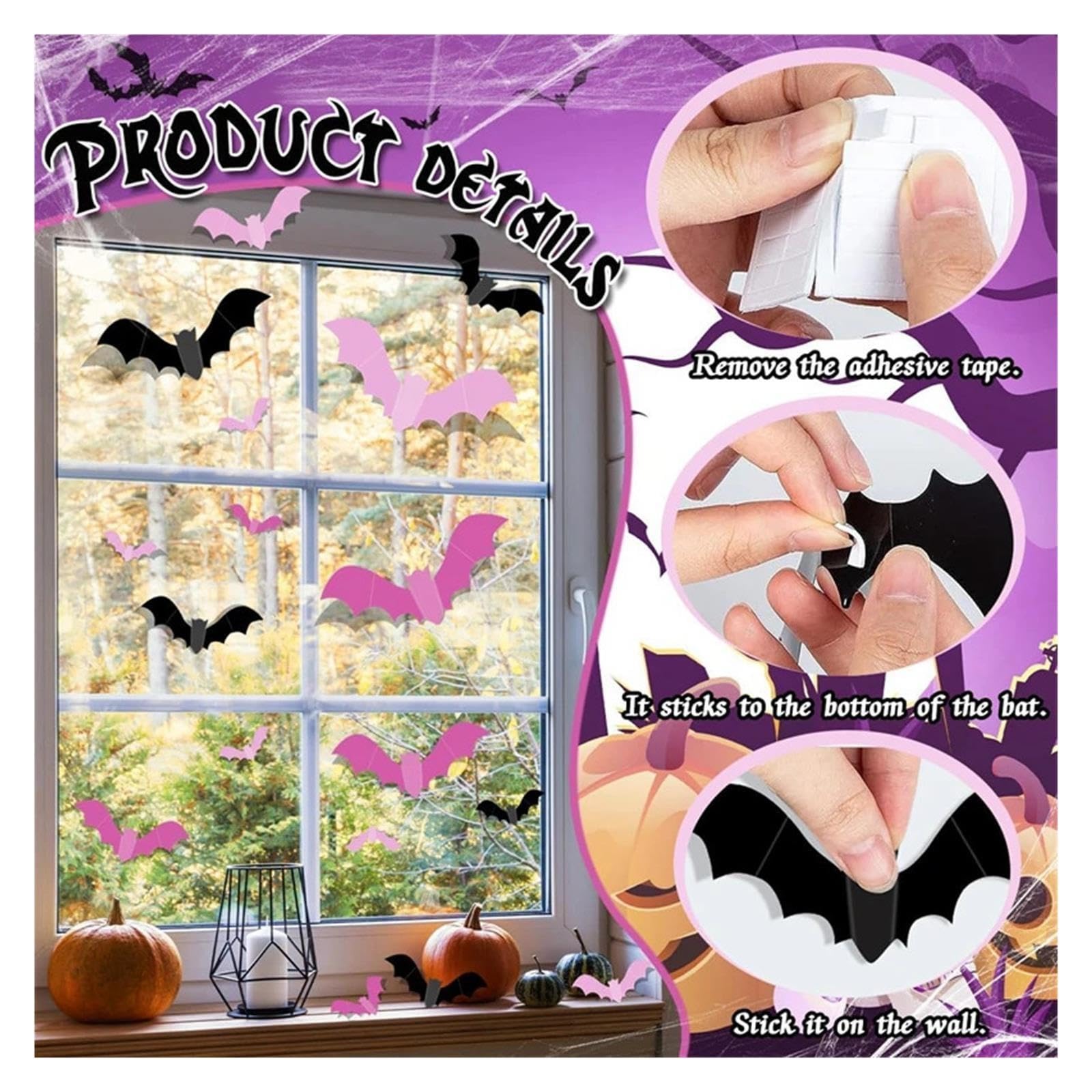 Adesivi 3D Pipistrelli Rosa Nero 48/96/192 Halloween Decorazione Finestra