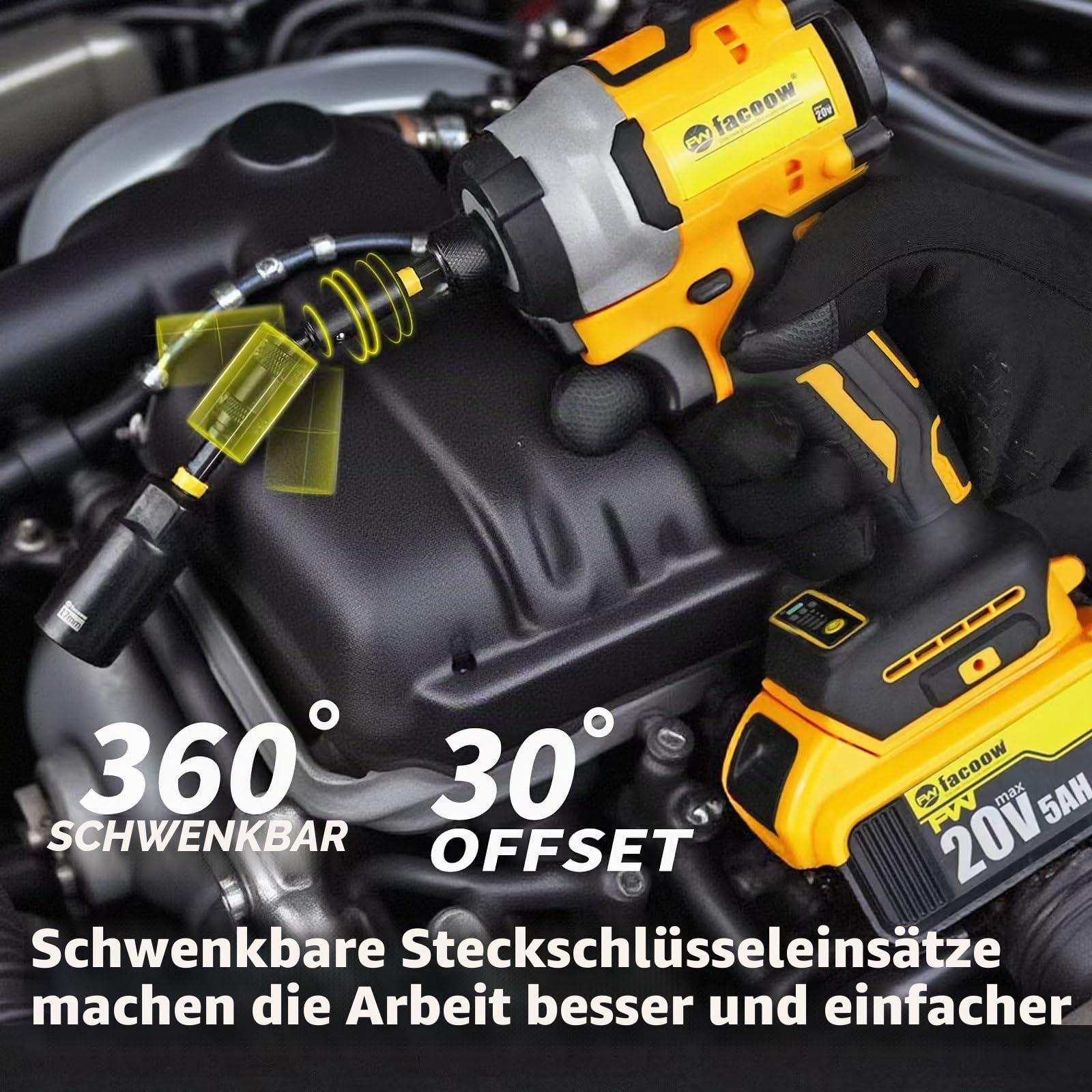 Facoow 55-teiliger Schlag-Steckschlüsselsatz mit magnetischen Aufsätzen, Premium-Tiefeinsätzen, Flügelmuttern, 1/4" Schnellwechsel, Verlängerung, S2-Bits, schwenkbar