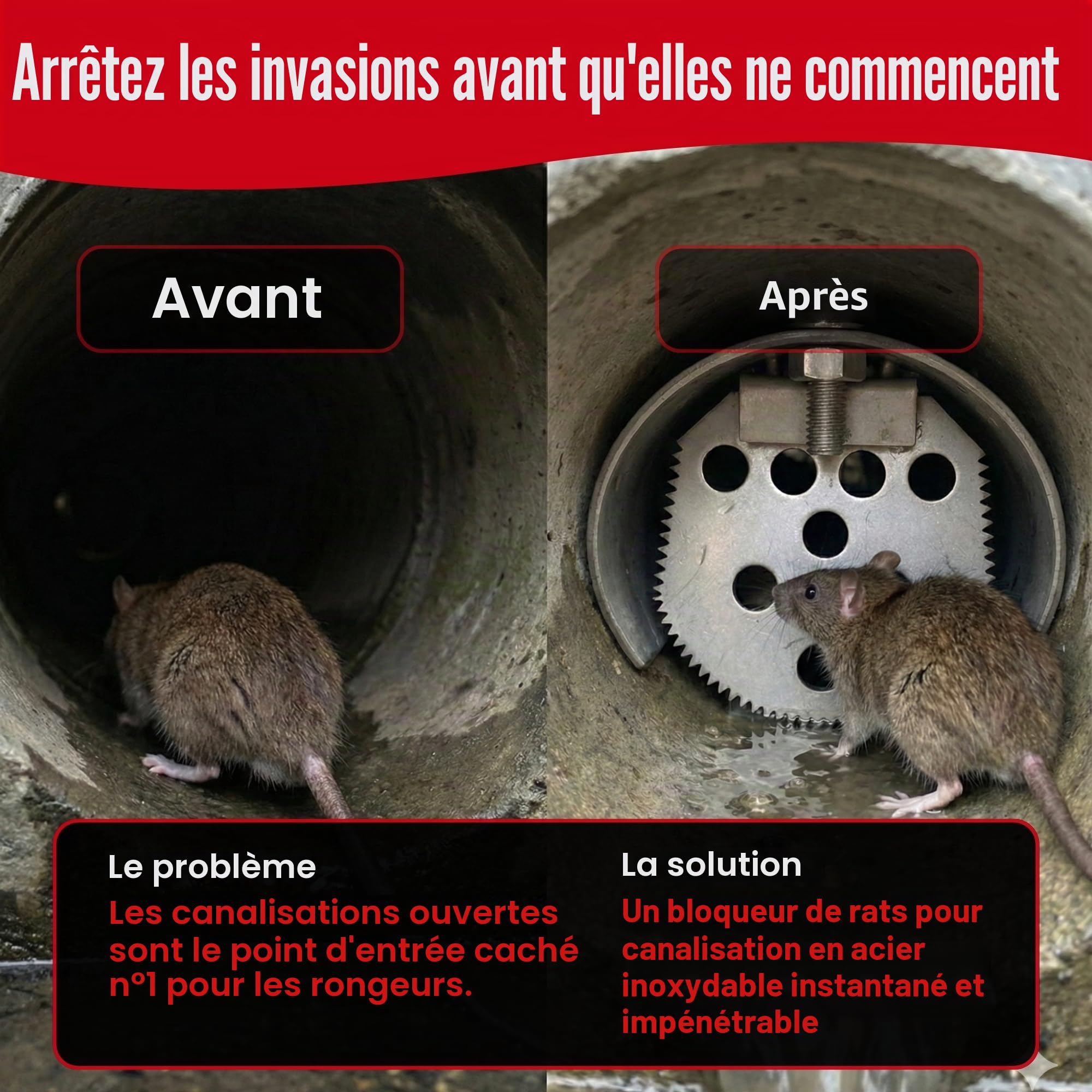 Prévention des rats et des souris pour les canalisations, Clapet anti-retour en acier inoxydable, Bloc-rats pour égouts, convient aux canalisations (95-110 mm, 4 pouces)