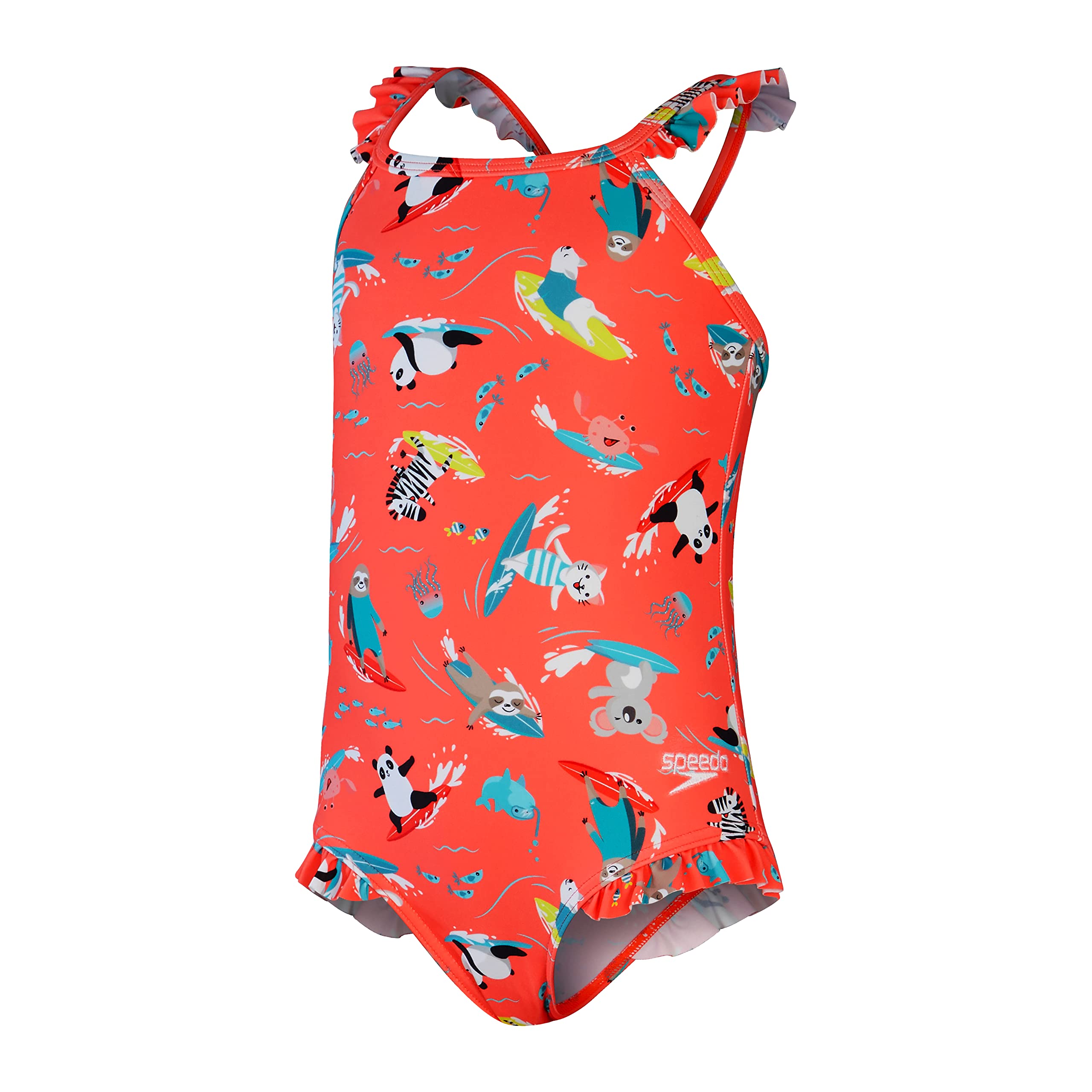 Speedo Infant Girl's Learn to Swim Printed Frill Thinstrap Swimsuit | Chlorine Resistant | Quick Drying, Pink/Green, 9-12 Months