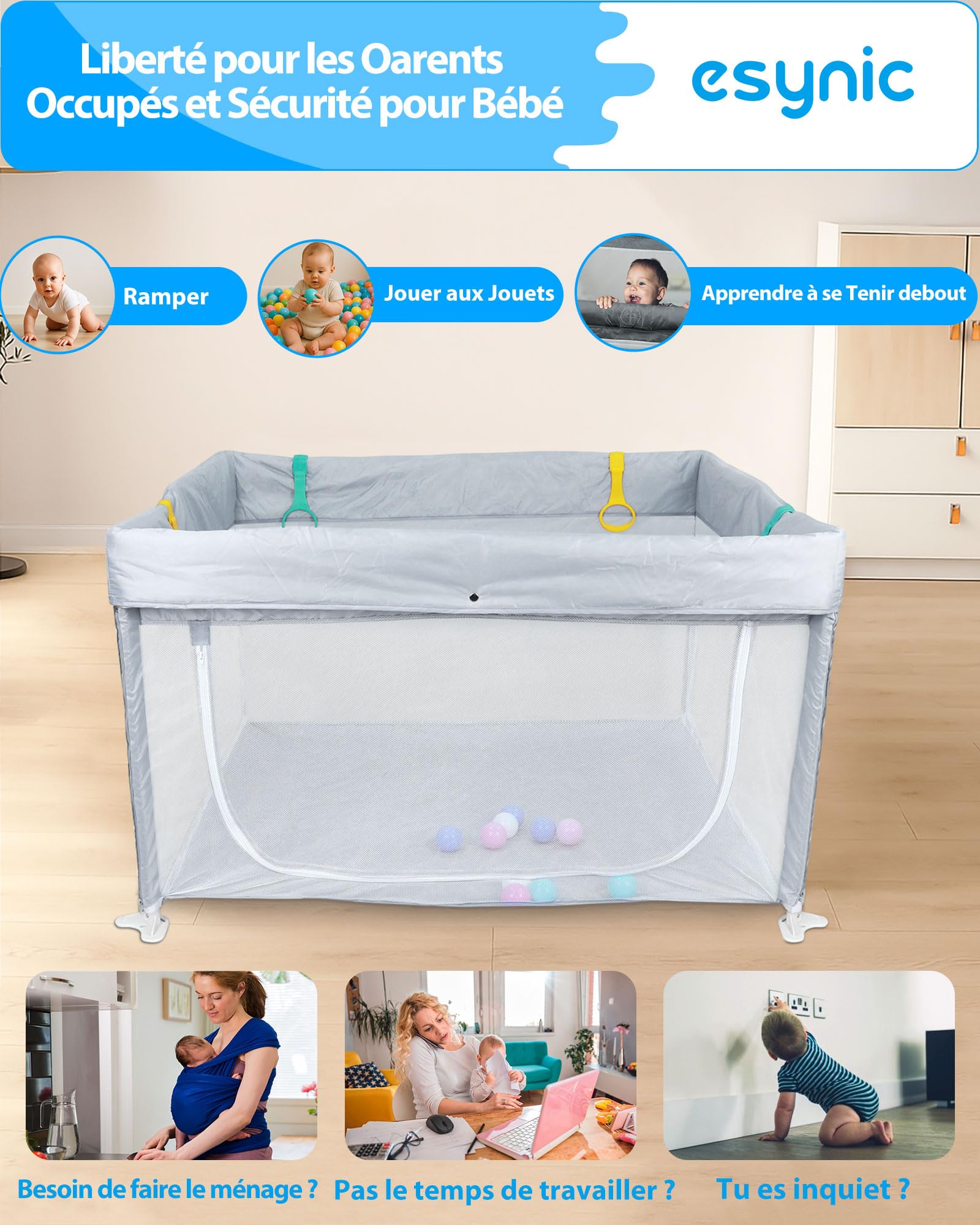 eSynic Parc Bébé 120x120cm avec 10 Boules et 4 Poignées Parc Bebe Pliable pas de Montage Enceinte Modulaire Pliable Porte avec Fermeture Éclair Éxtérieure avec Sac de Voyage Portable - Gris