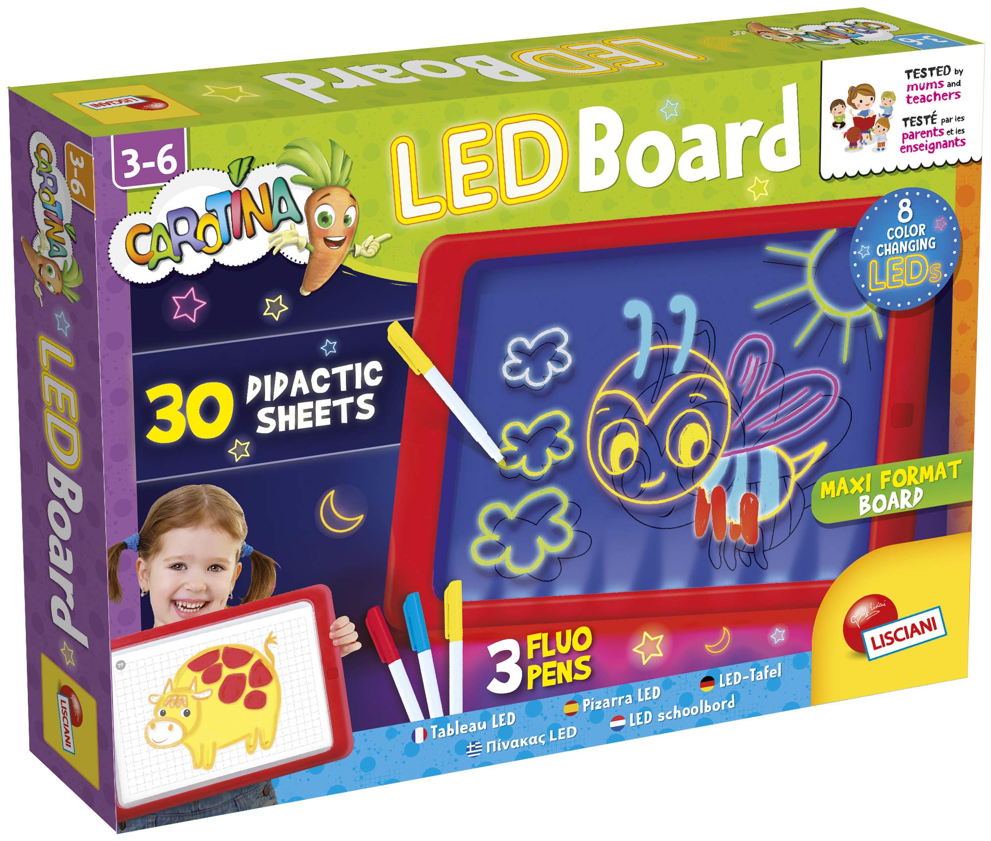 Liscianigiochi - Carotina Pizarra LED con fichas didácticas - Juego educativo preescolar para niños a partir de 3 años