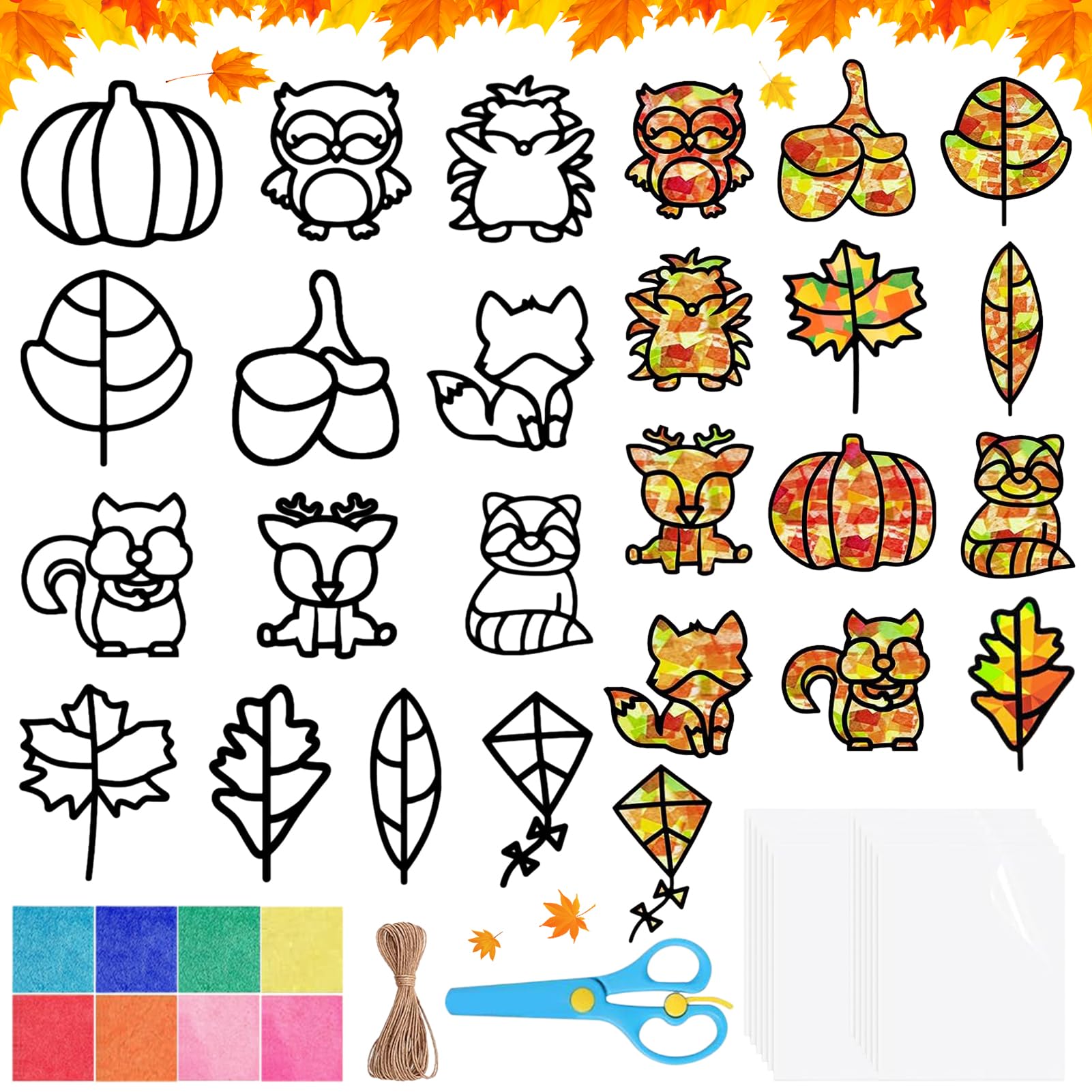 Herbst Basteln Kinder mit Basteln Tier, Blätter Acorn Konfetti & Schnüre | Sinnvolle Beschäftigung Einfaches - Fensterbilder Herbst Bastelset DIY Geschenke für Mädchen Junge