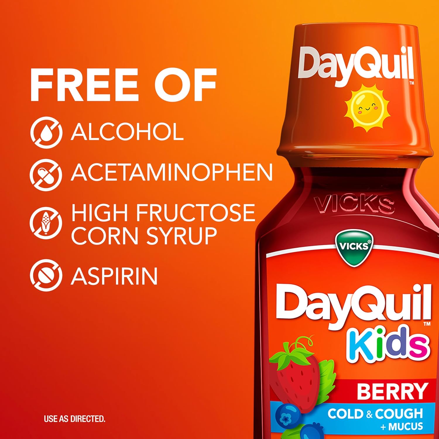 Vicks Kids DayQuil Berry Cold & Cough Medicine Co-Pack, Daytime Relief of Multiple Symptoms, Great-Tasting Berry Flavor, Free of Alcohol & Acetaminophen, For Ages 6+, 2x8oz