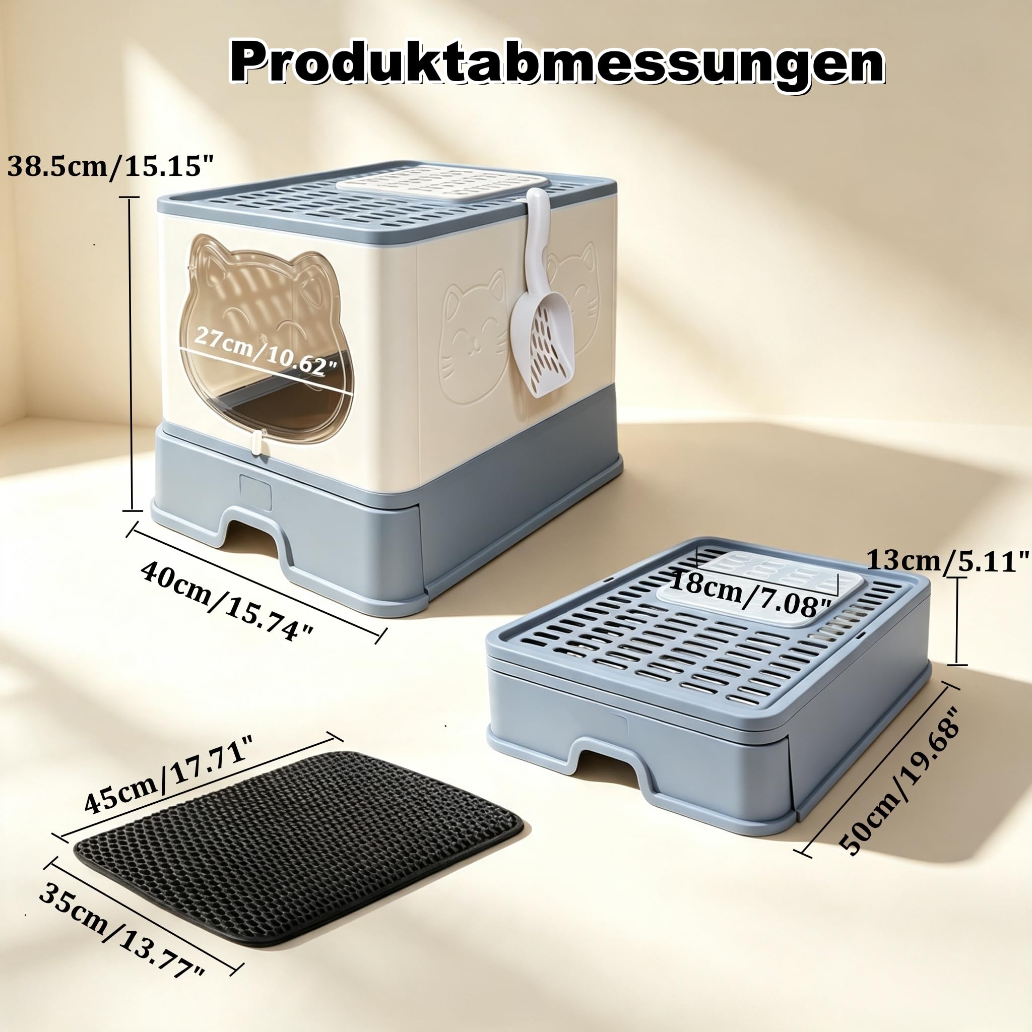 Geschlossene Große Katzenklo mit Dach & Deckel | Faltbare Katzentoilette mit Schubladensystem, Inklusive Katzenstreuschaufel, Geeignet für Katzen bis 8 kg Hellgrau Weiß-Grau