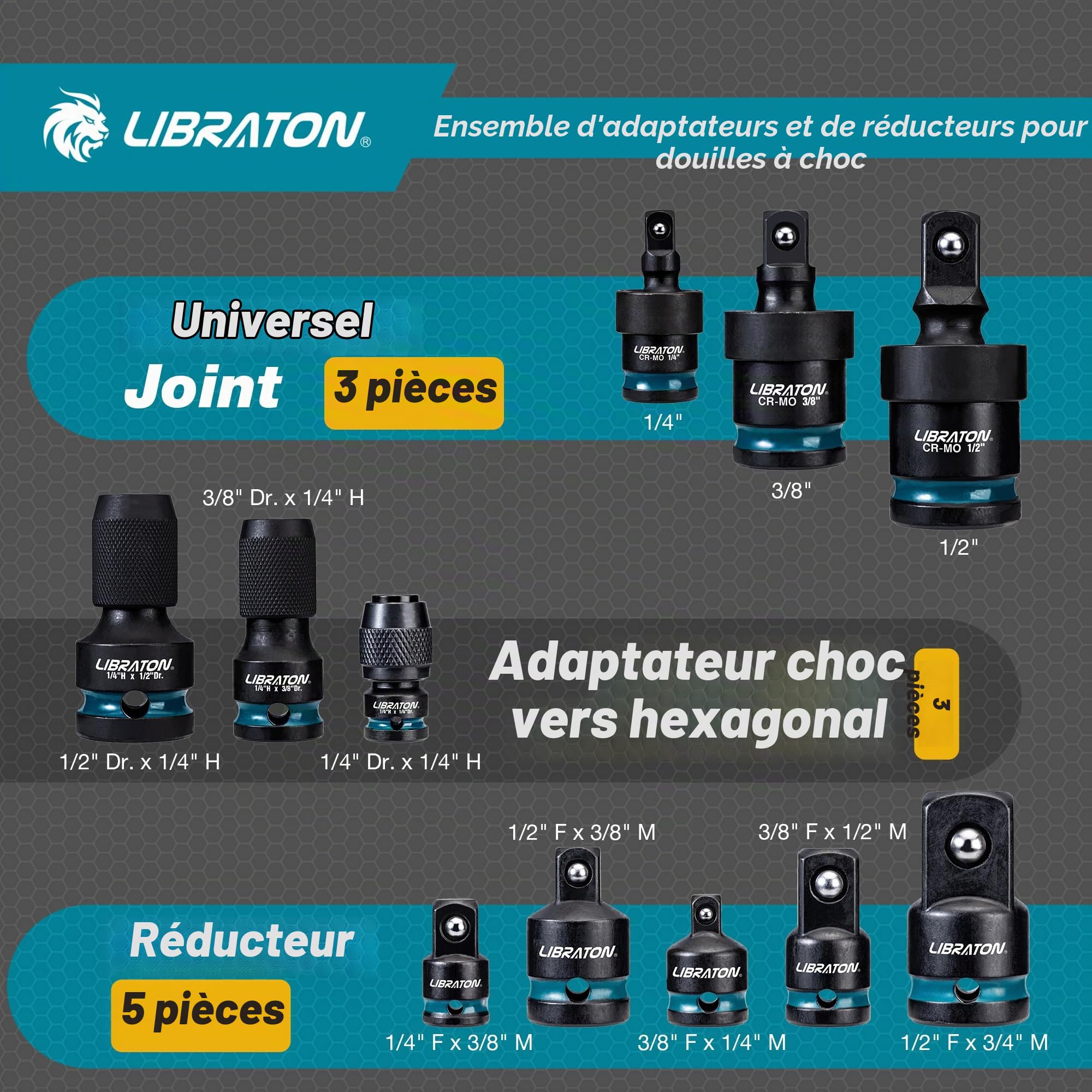 LIBRATON Lot de 11 adaptateurs et réducteurs de douilles à choc avec fonction pivotante – Convertisseurs hexagonaux 1/4 pour réparation automobile – Boîte moulée par soufflage