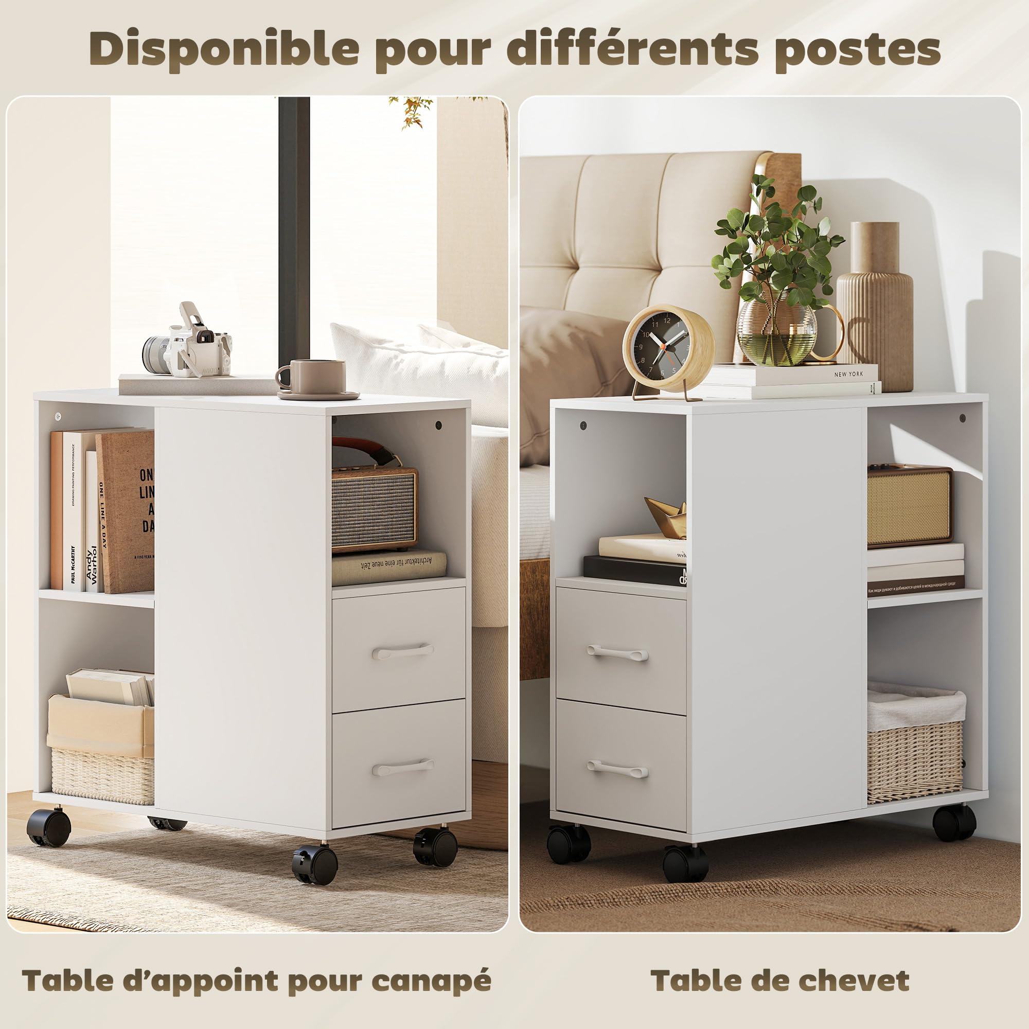 HOMCOM Support d'Imprimante sur roulettes Tiroirs 60 x 30 x 65 cm Blanc | Meuble de Rangement, Caisson de Bureau, Meuble Bureau, Étagère Réglable, Compartiment Ouvert
