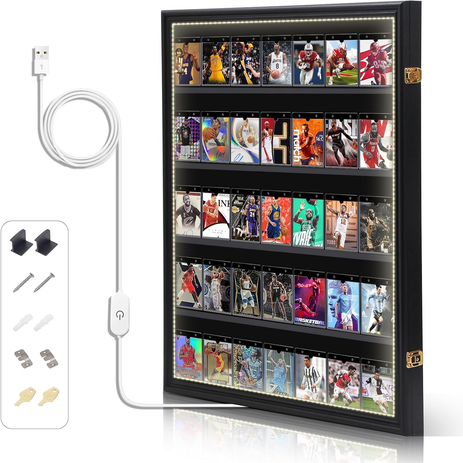 Nice C Baseball Card Display Case, Sports Card Holder, with LED Light Graded Sports Card Display Case, Trading Card Display Case, 98% UV Protection, 35 Cards, Lockable (LED Vertical 1 Pack)