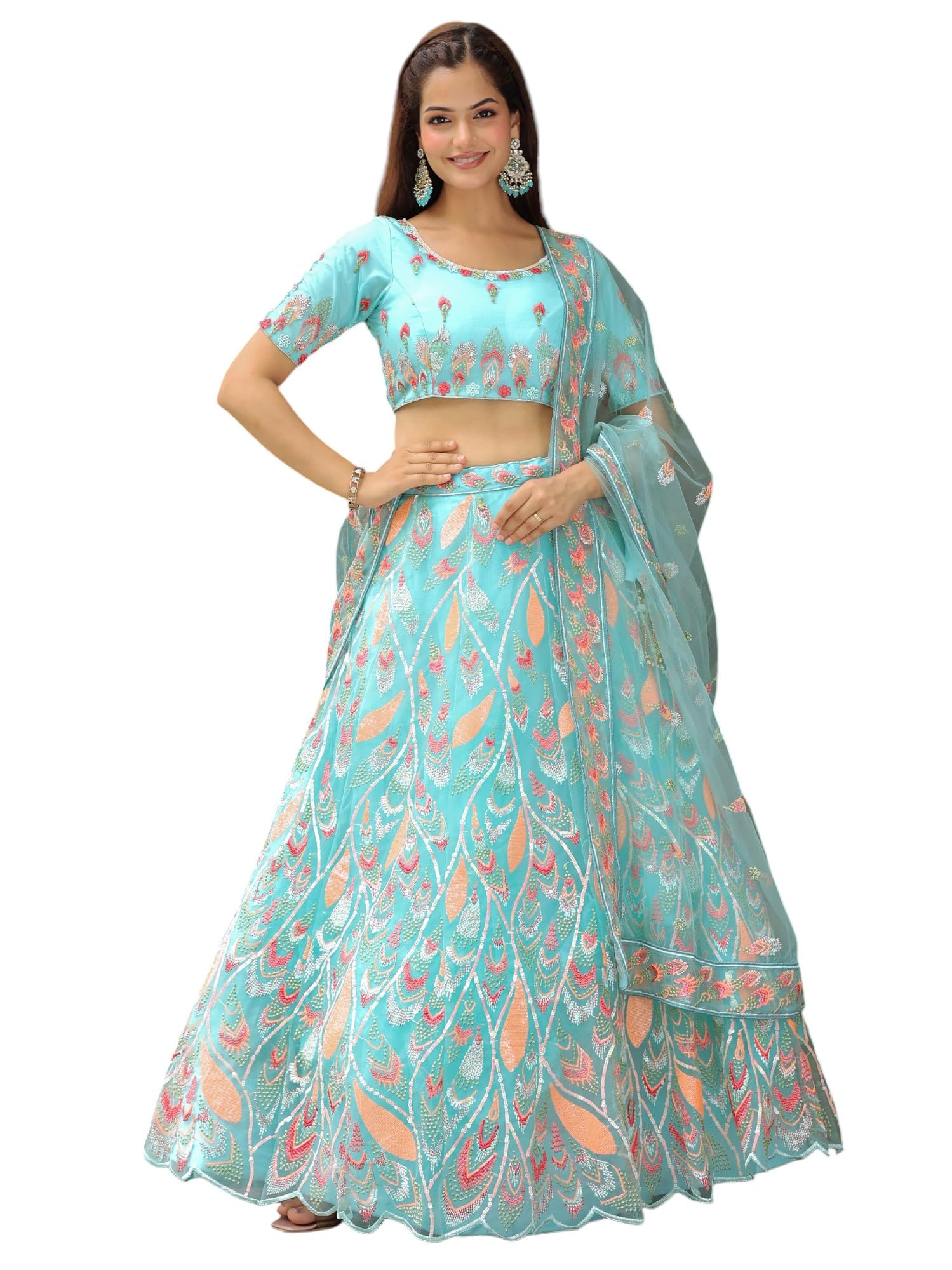 Women's Sequins Thread Embroidered Soft Net Semi-Stitched Lehenga Choli with Dupatta (6012-SkyBlue-Womens-Lehenga-Choli-Latest; Free Size) (SkyBlue)-image-19